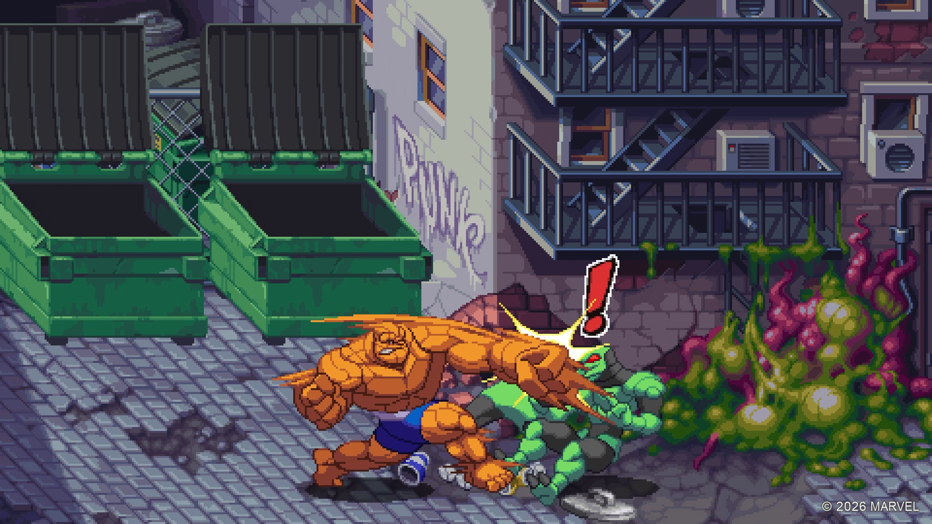 HD PC desktop wallpaper from the video game MARVEL Cosmic Invasion: Thing (Marvel Comics) smashes green toxic ooze in a pixel-art fighting game alley.