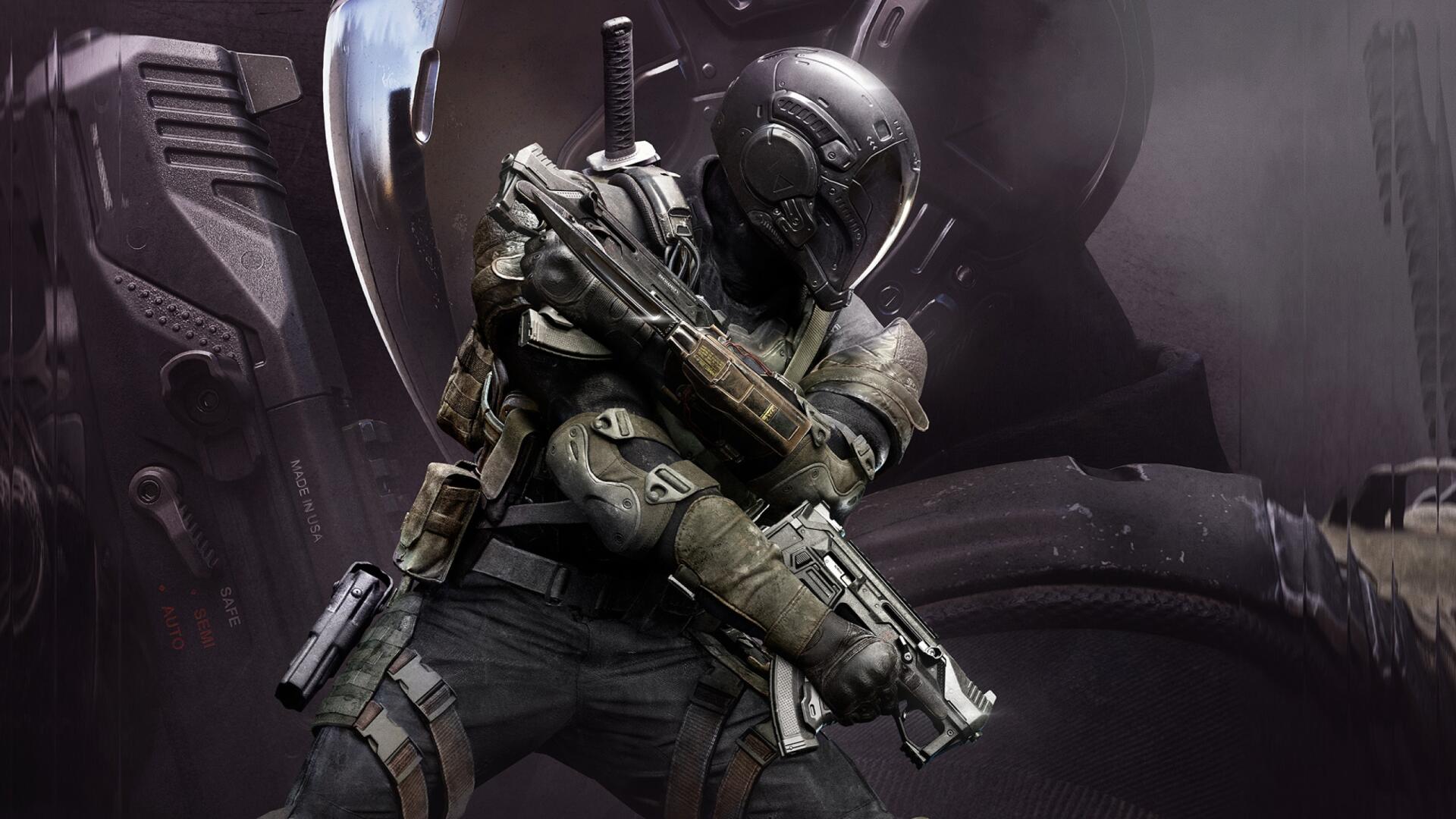 Futuristic armored soldier from Call of Duty: Black Ops 7 grips a pistol across his chest against a dark sci‑fi backdrop — 2K Quad HD PC desktop wallpaper.
