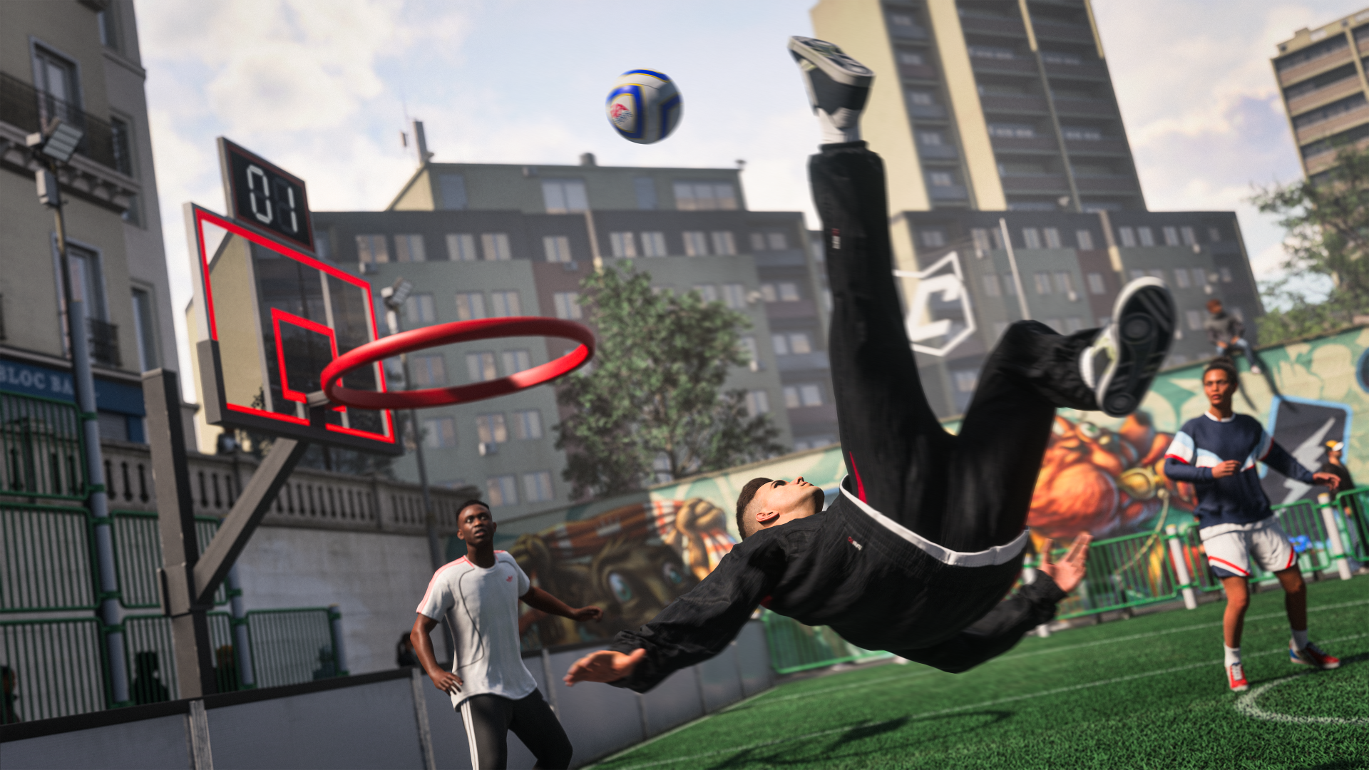 4K Ultra HD PC wallpaper: EA SPORTS FC 27 video game — high-flying acrobatic play on an urban outdoor basketball court, player mid-air near rim with ball above.