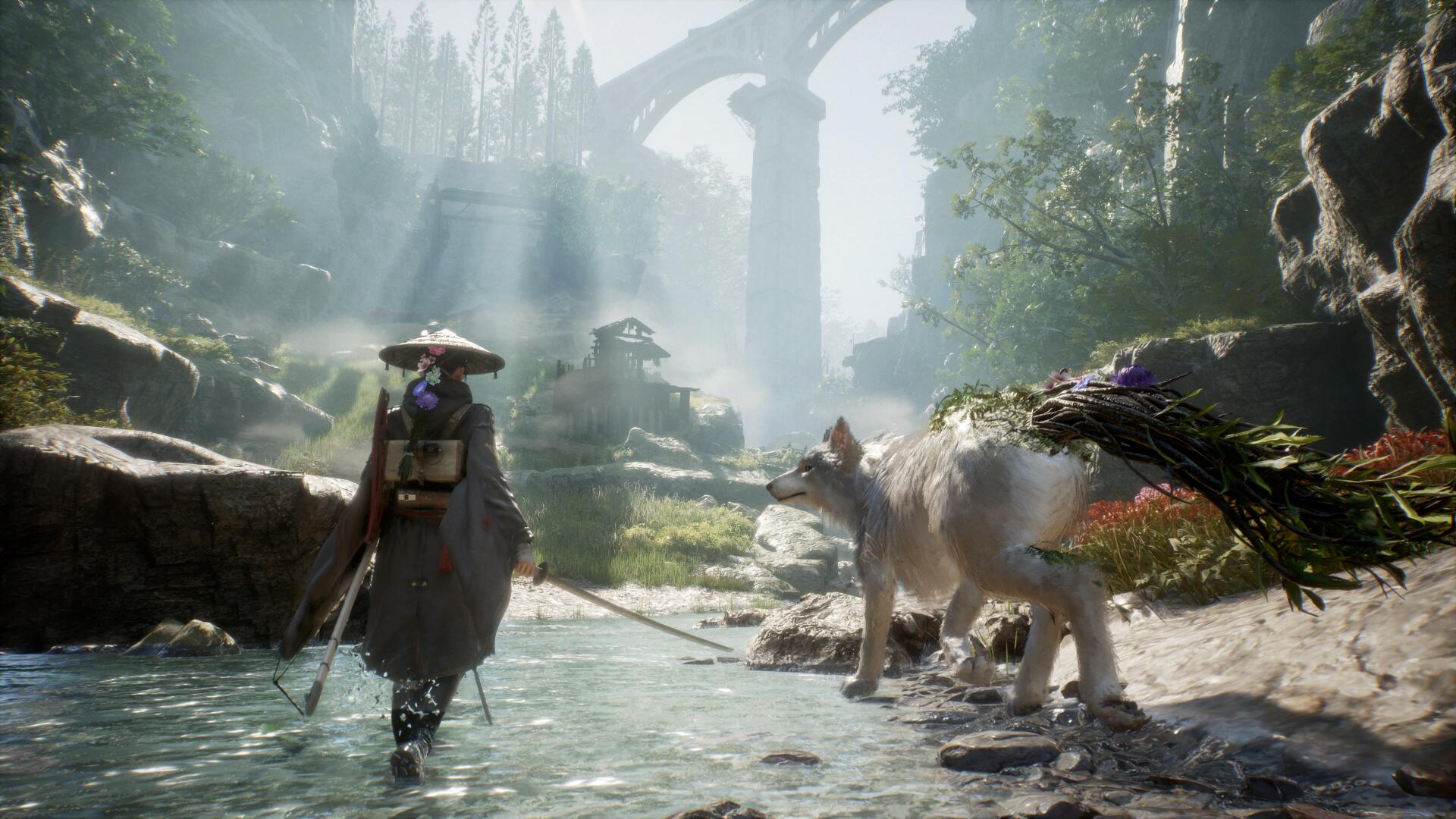 4K Ultra HD PC desktop wallpaper: cinematic video game scene of a robed traveler beside the Beast of Reincarnation — a wolf — standing in a misty forest glade beneath ancient stone arches.