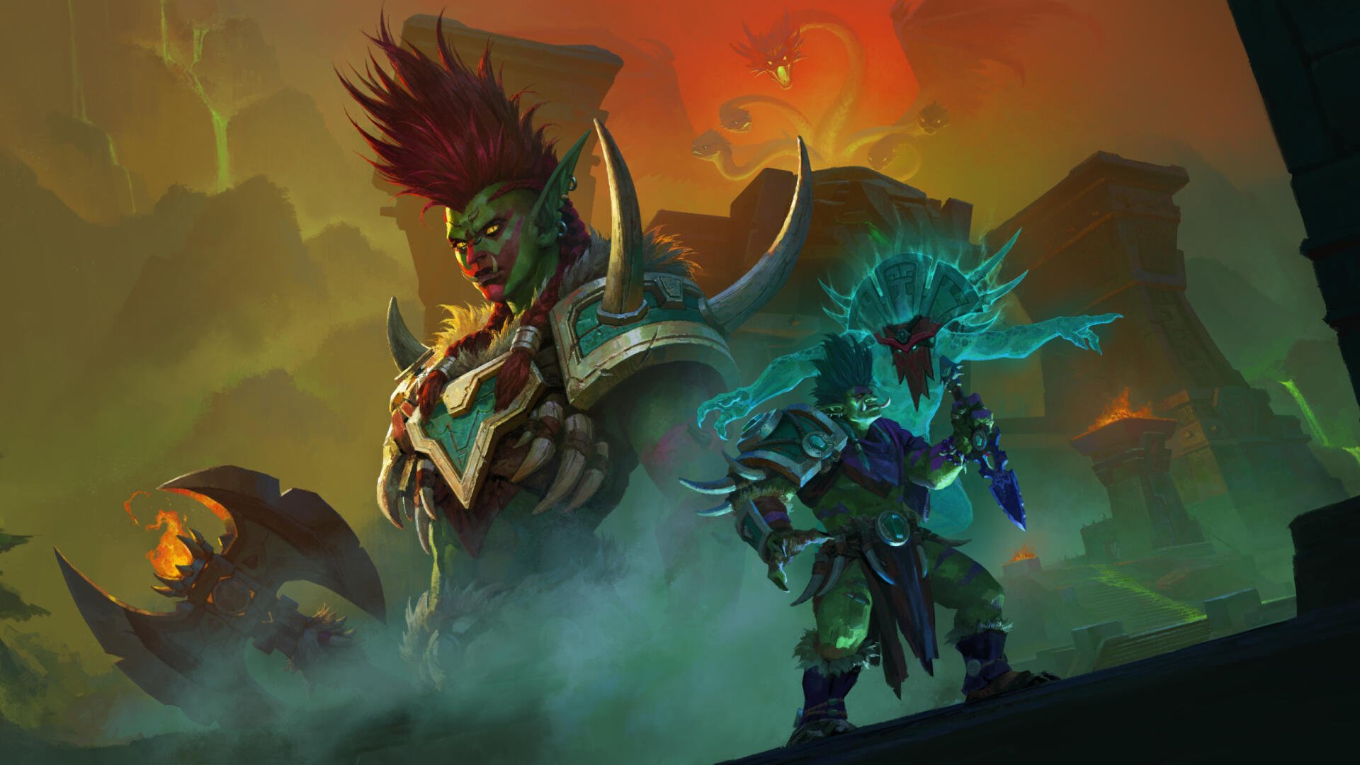 Video game World of Warcraft 2K Quad HD desktop wallpaper: two orc warriors—one towering in spiked armor with flaming hair and a smaller glowing ally amid smoky, lava-lit battlefield.