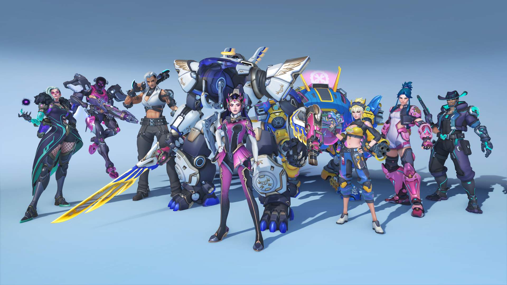 Overwatch video game 4K Ultra HD PC desktop wallpaper: a lineup of colorful heroes with D.Va and her mech at center, posed against a pale blue background.