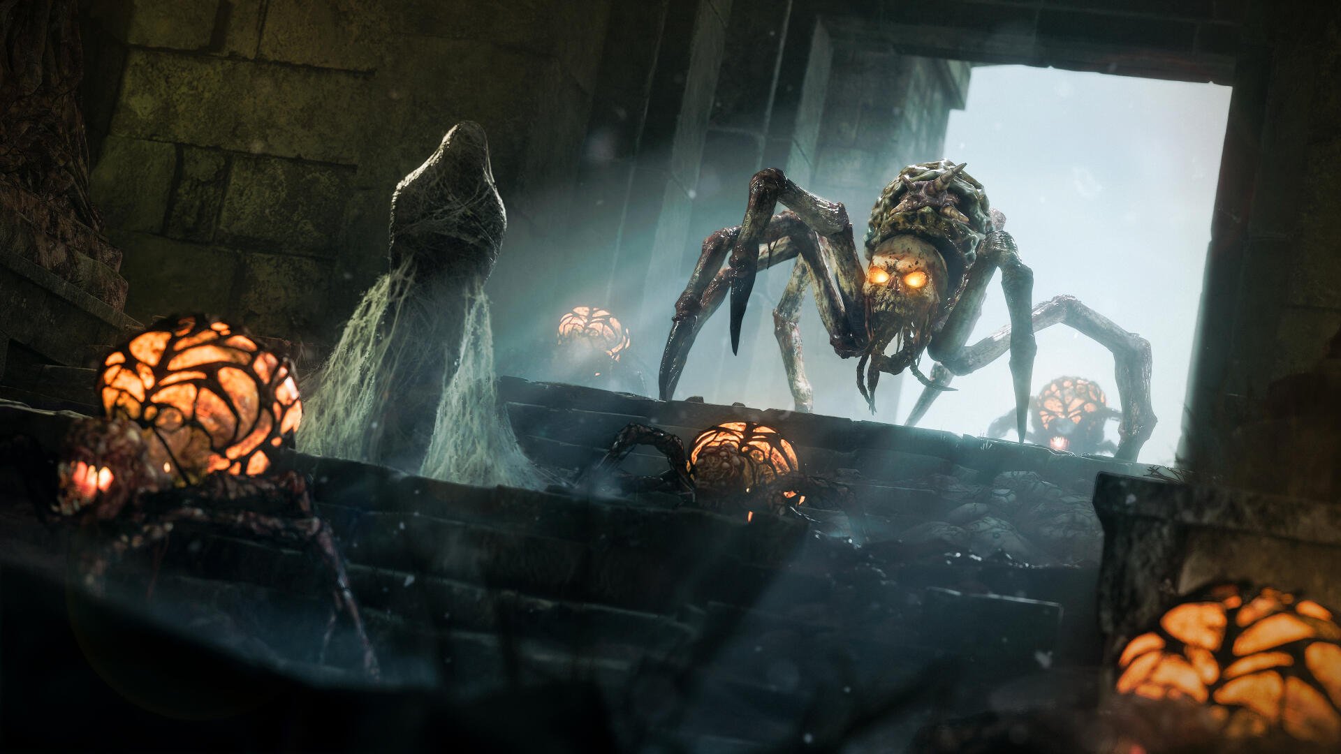4K Ultra HD PC desktop wallpaper: Call of Duty: Black Ops 7 video game scene with a towering spider monster and smaller arachnids scuttling down a ruined stone stairwell.