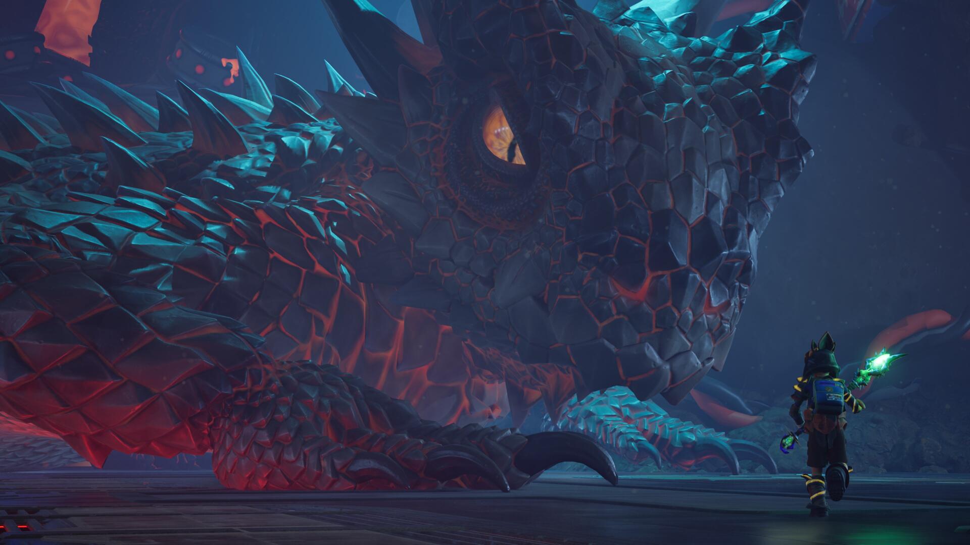 4K Ultra HD PC desktop wallpaper: towering dragon-like monster from Grounded 2 looms over a tiny armored player wielding a glowing weapon in a dark, bioluminescent cavern.