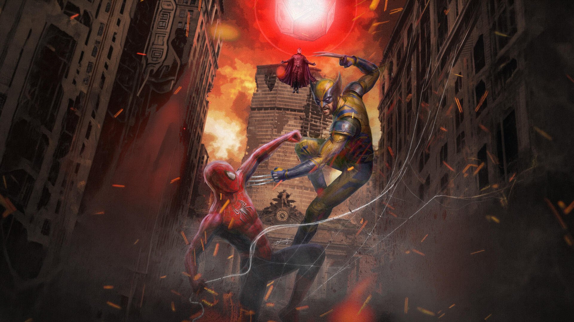 5K Ultra HD PC desktop wallpaper: Avengers: Doomsday — Spider-Man and Thor clash in a burning, ruined city canyon beneath a glowing red sun, dramatic Avengers action scene.