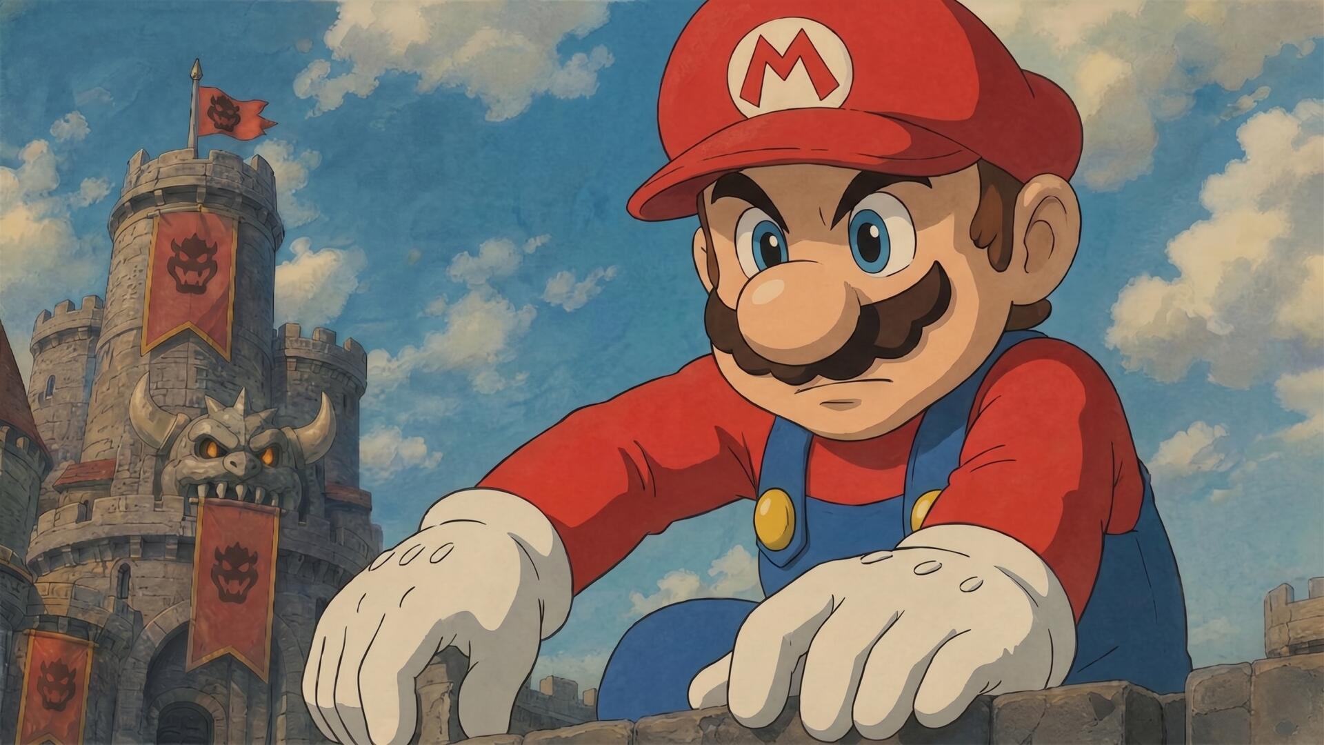 2K Quad HD PC desktop wallpaper of Mario (Character) from Nintendo: close-up of him in his red cap and gloves leaning on a stone wall with a castle and blue sky behind.