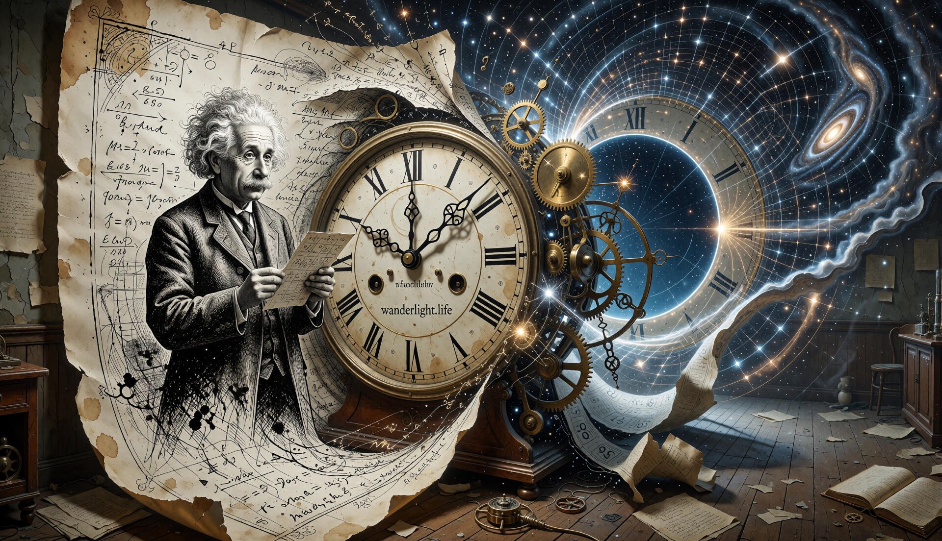 Surreal fantasy Space & Time scene: scientist portrait beside a giant clock, exposed gears and cosmic spirals, papers and equations — 2K Quad HD PC desktop wallpaper/background.