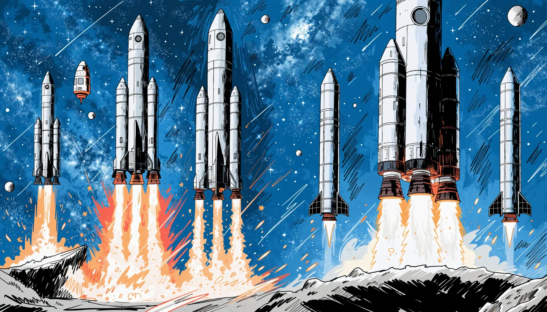 4K Ultra HD PC wallpaper showing multiple SpaceX rockets and spacecraft launching into a starry blue sky, fiery plumes lighting a rocky launchpad.