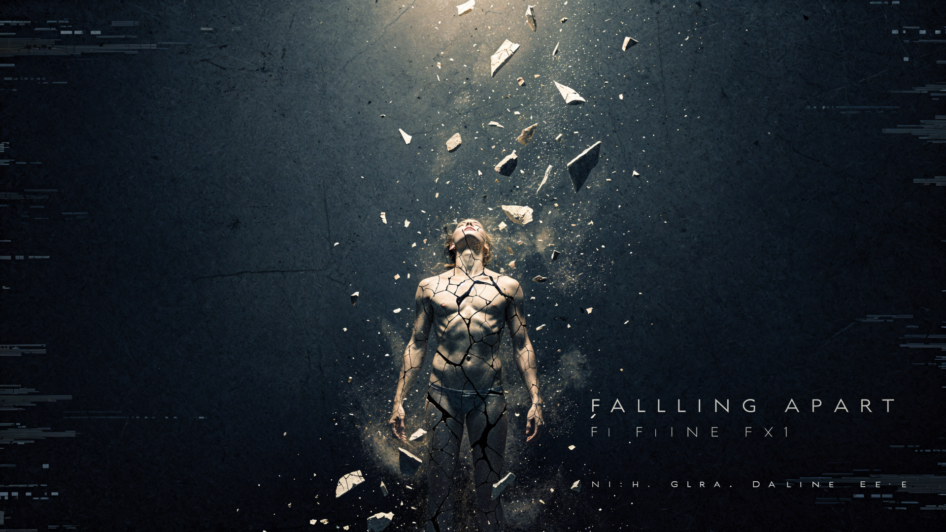 4K Ultra HD PC desktop wallpaper shows a superhero man falling apart, his body cracking into shards and debris as he drifts in a dark, atmospheric void.