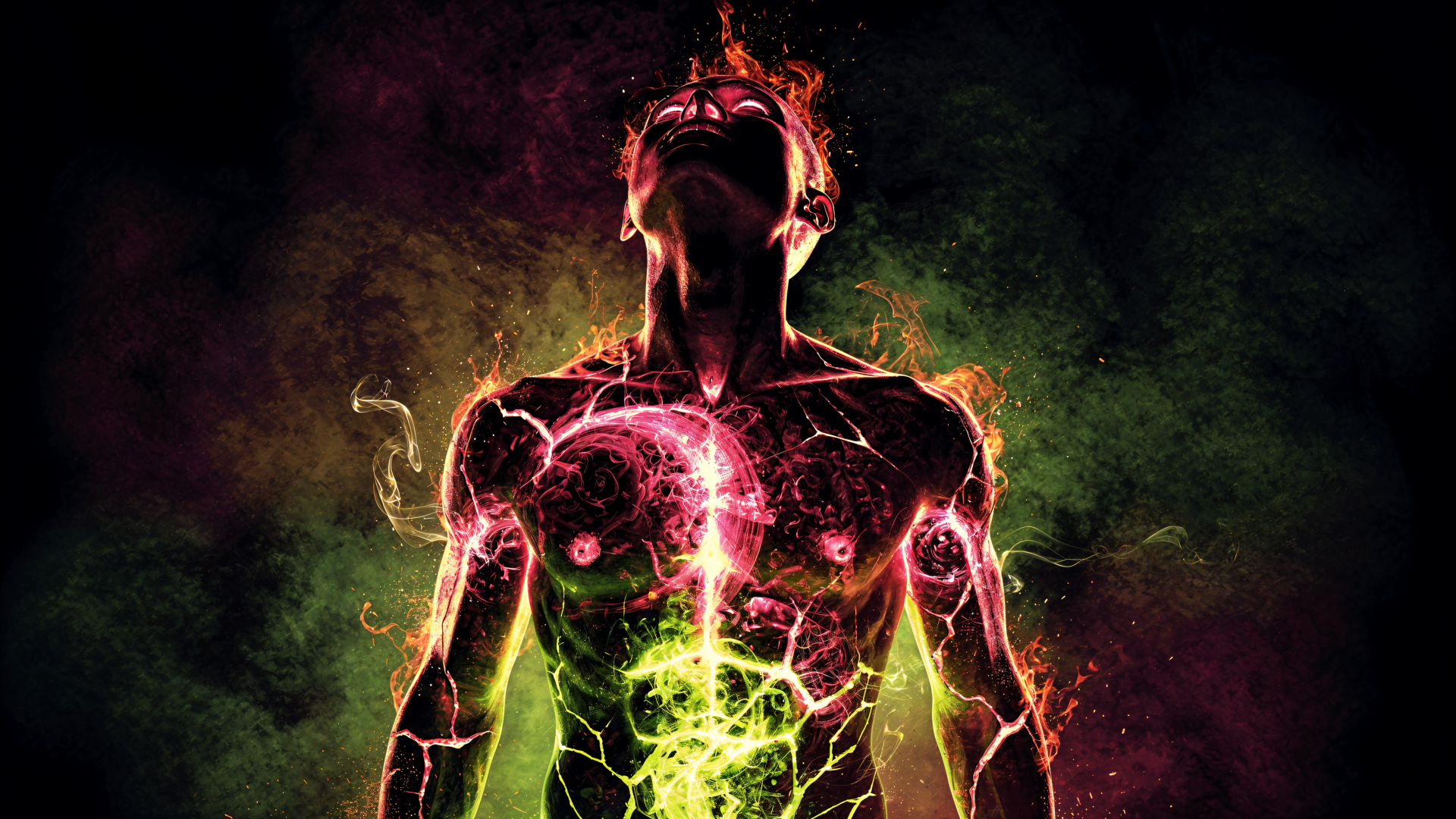 Silhouette of a human figure crackling with neon pink and green energy veins, glowing chest and head; 4K Ultra HD PC desktop wallpaper and background.