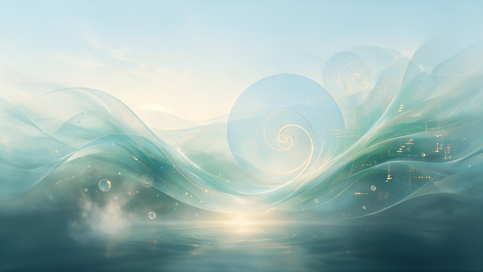 Abstract 4K Ultra HD PC desktop wallpaper: serene water wave with peaceful energy, soft teal swirls and a glowing orb reflecting across a calm sea background.