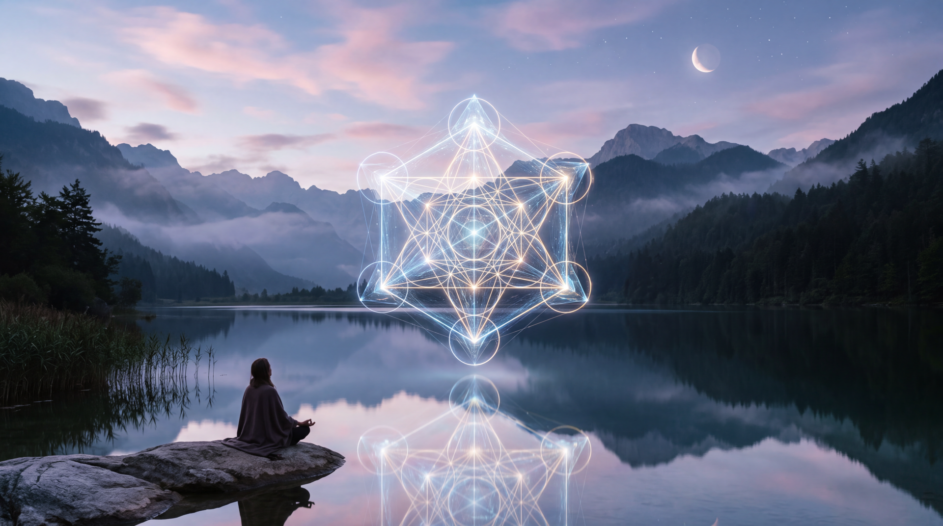 5K Ultra HD PC desktop wallpaper: lone meditator on a lakeshore at dawn, glowing sacred geometry above mirrored water, misty mountains and crescent moon — serene meditation scene.
