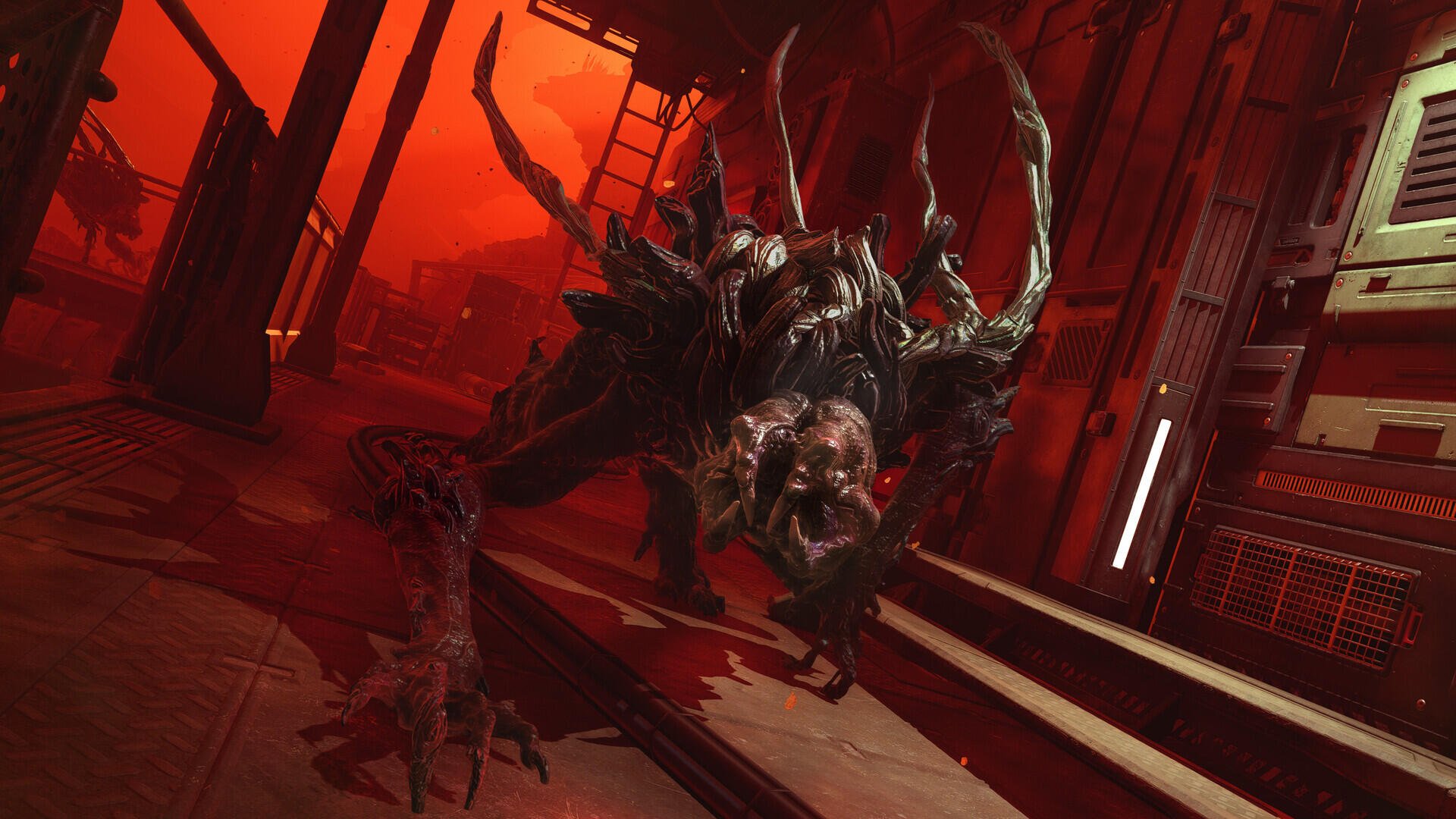 HD PC desktop wallpaper from the video game Alien Deathstorm: a snarling biomechanical alien monster prowls a blood-red industrial corridor.