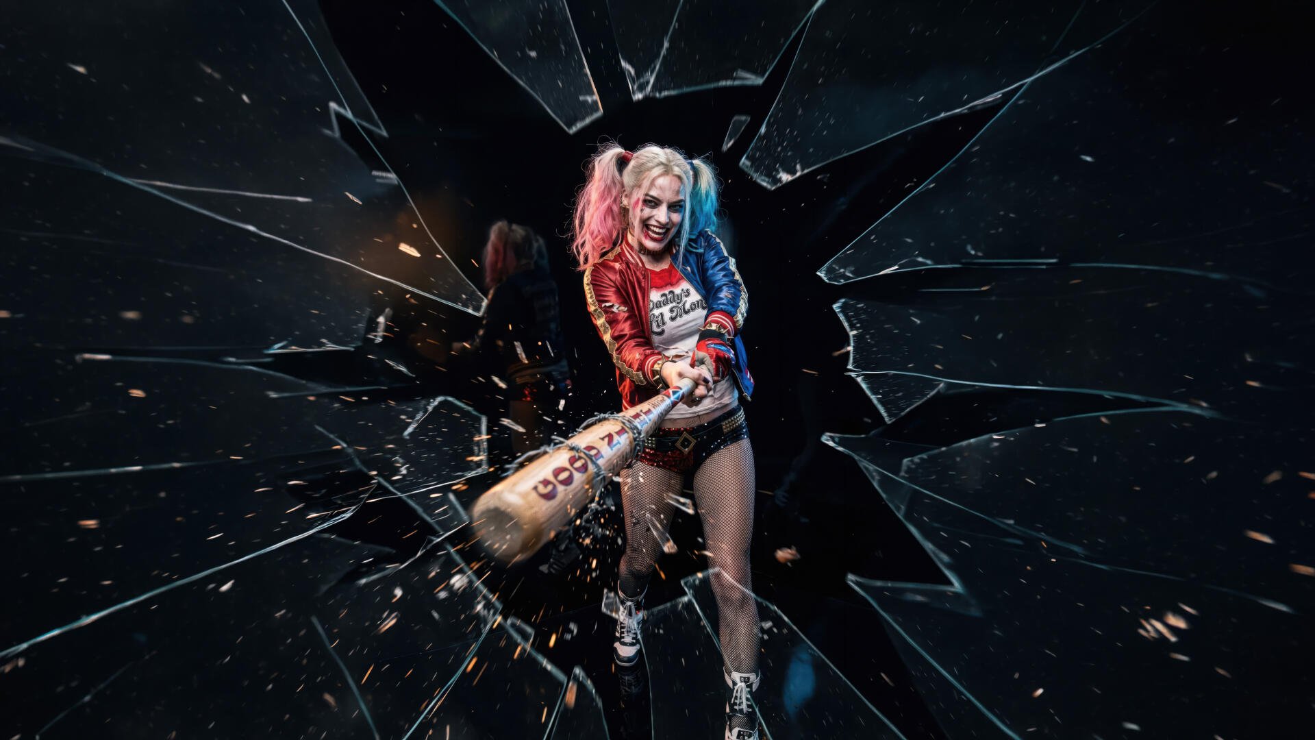 Harley Quinn digital art: punk-costumed figure with red/blue pigtails smashing through shattered glass, bat raised — 5K Ultra HD PC desktop wallpaper/background.