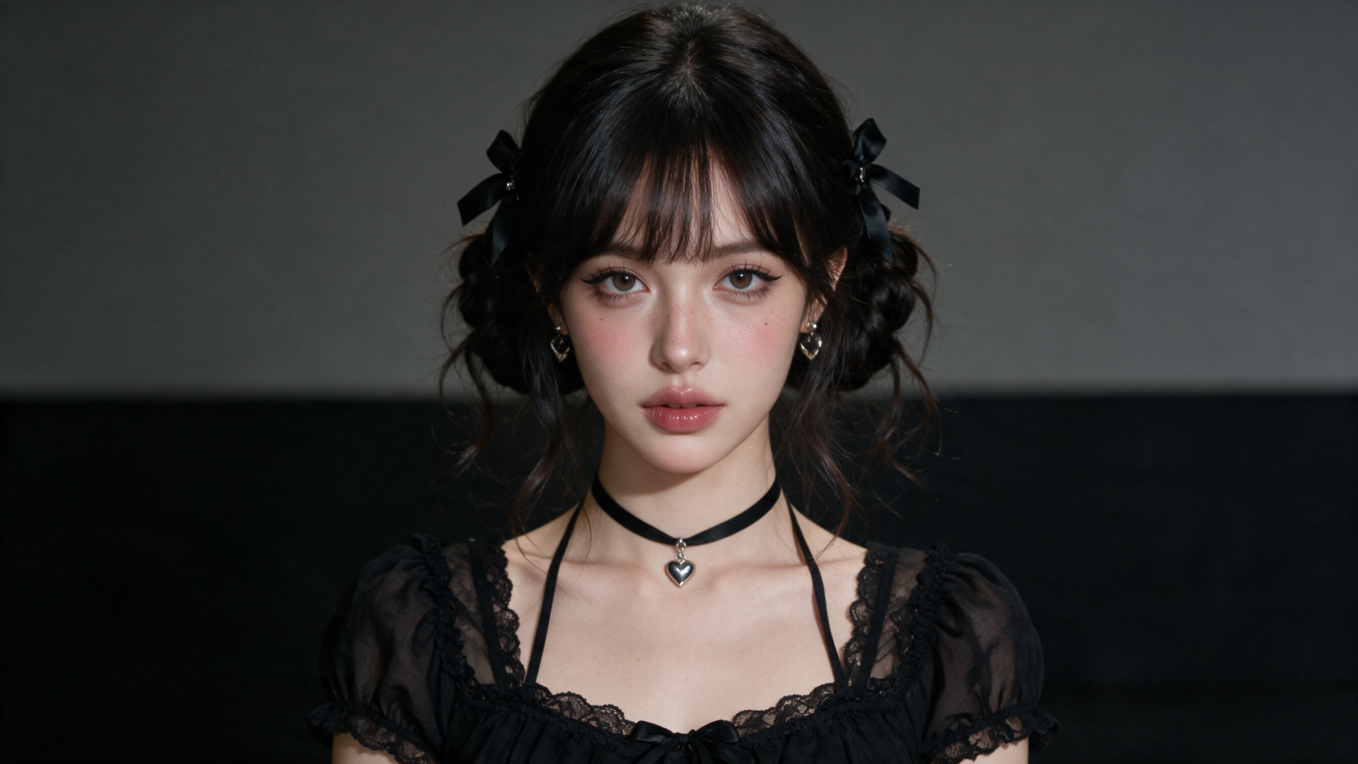 Dark coquette portrait of a woman in black lace dress, heart choker and ribboned pigtails — 2K Quad HD PC desktop wallpaper/background.
