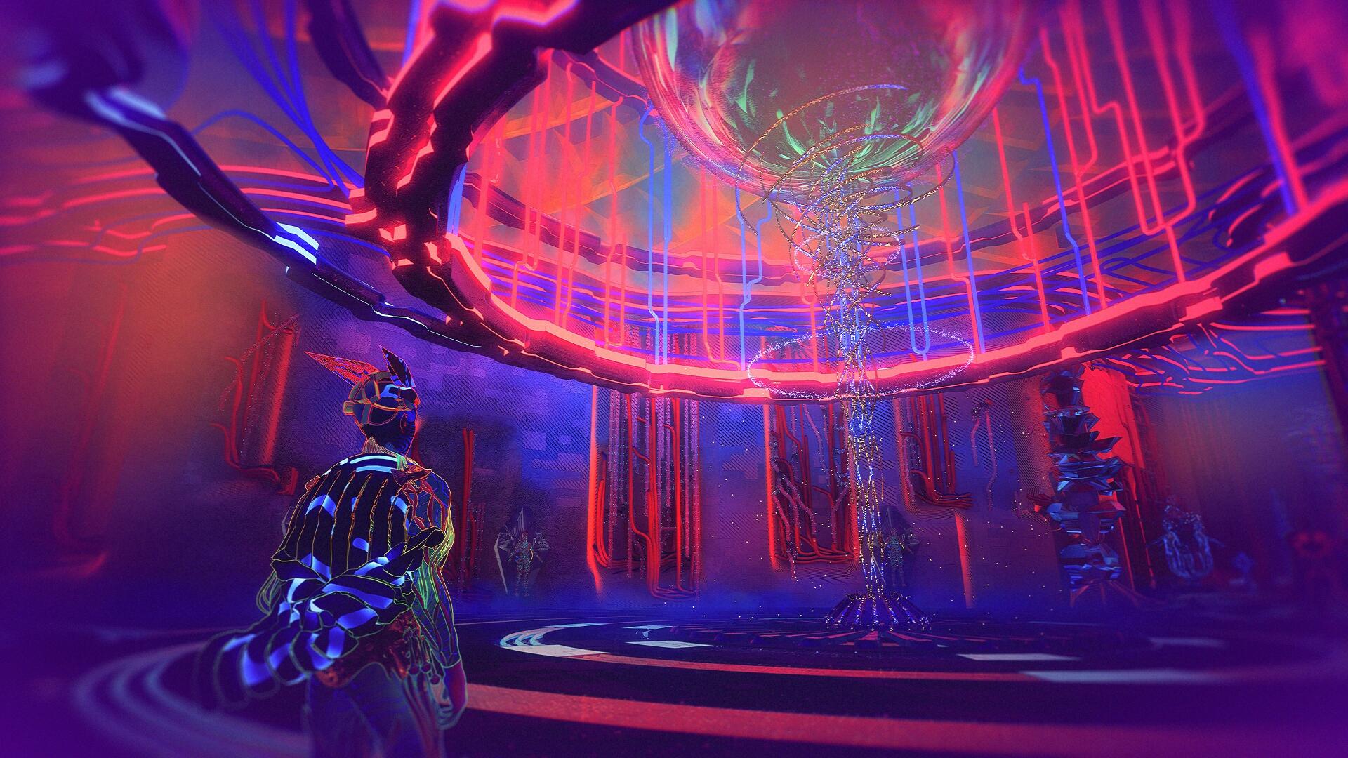 4K Ultra HD PC desktop wallpaper background from ETRE (Video Game): neon cyberpunk scene — futuristic chamber with glowing pillars, holographic tree and armored figures.