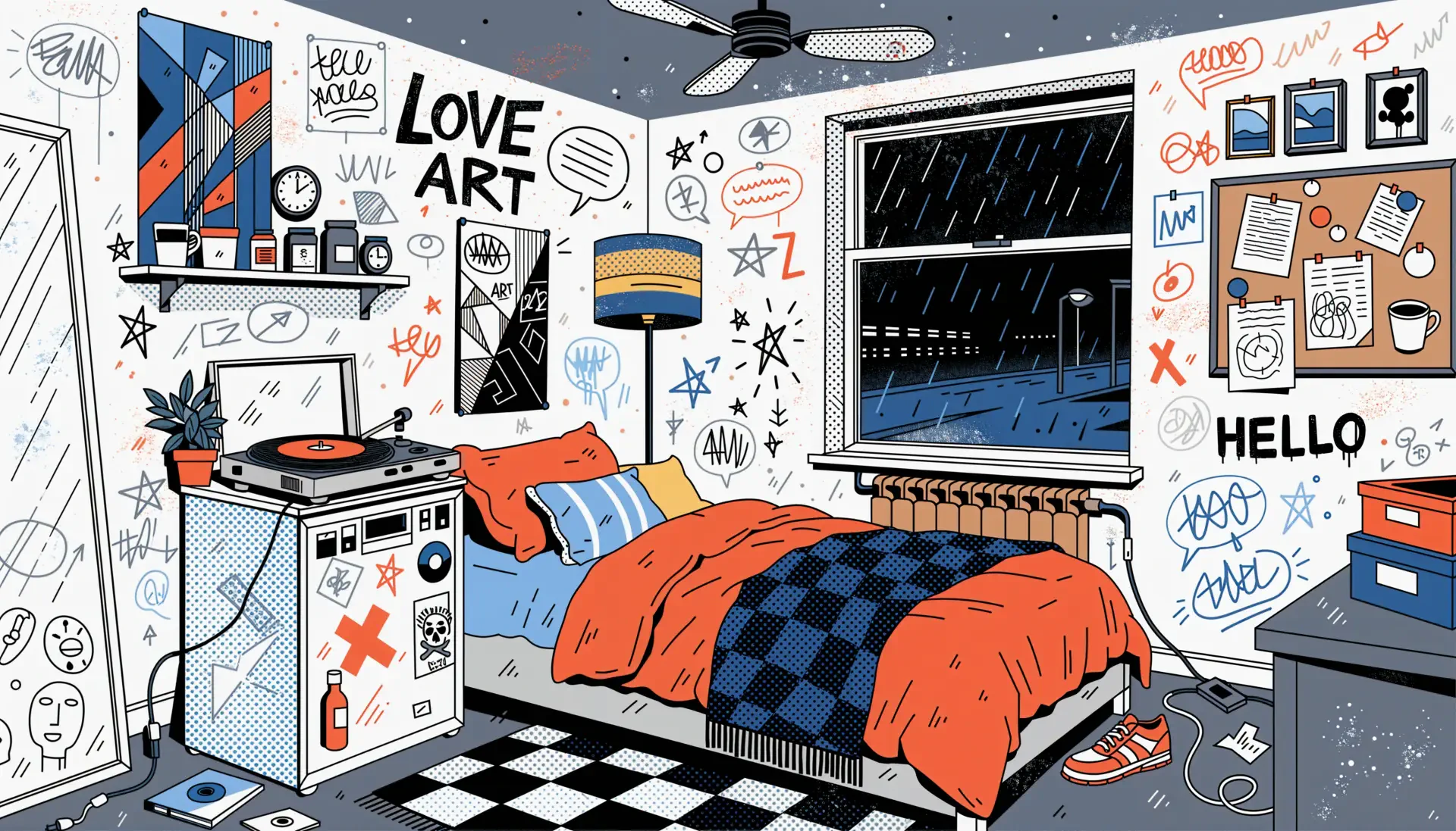 Aesthetic bedroom interior with graffiti wall art, colorful bed and records, checkered floor and rainy window — stylized 4K Ultra HD PC desktop wallpaper and background.