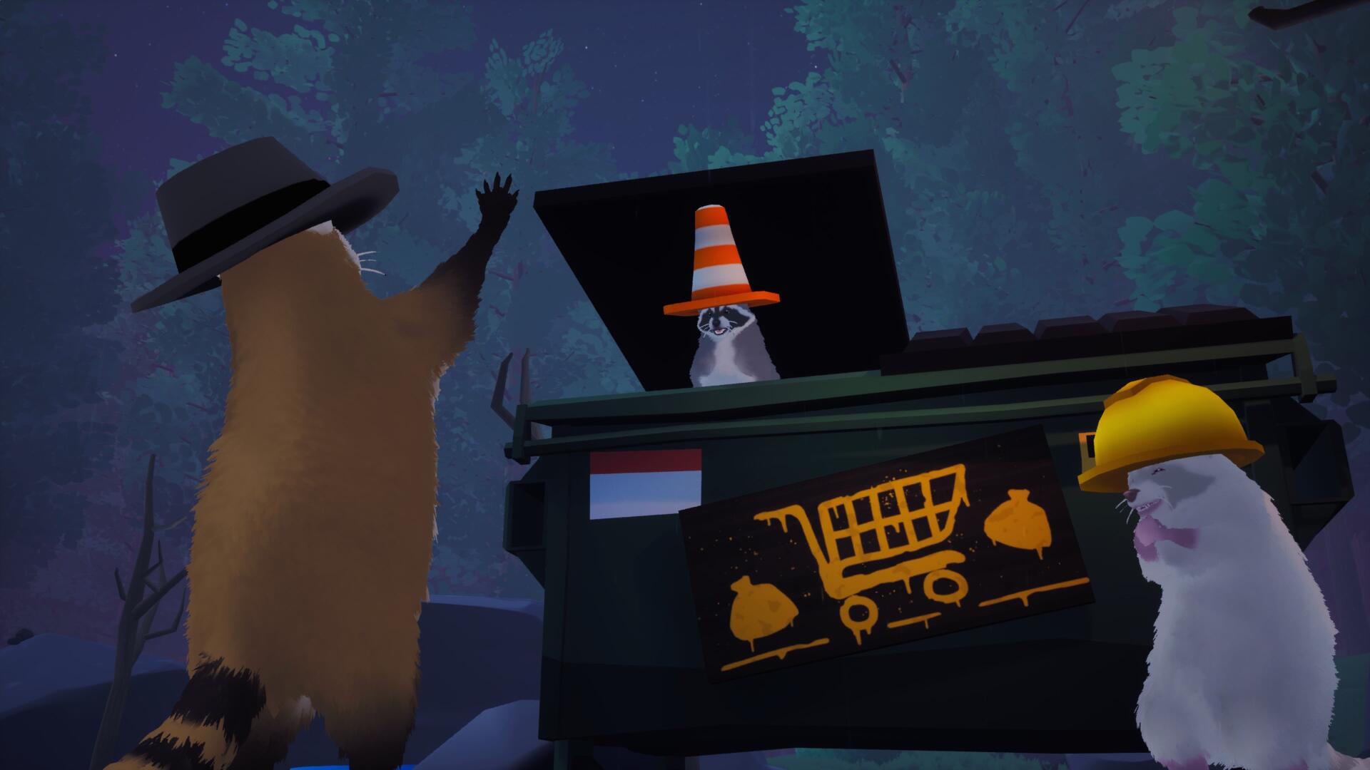 4K Ultra HD PC desktop wallpaper/background from video game Dumpster Gang: raccoon in fedora, hard‑hat cat and cone‑capped animal gathered around a graffiti‑covered dumpster/trash can at night.