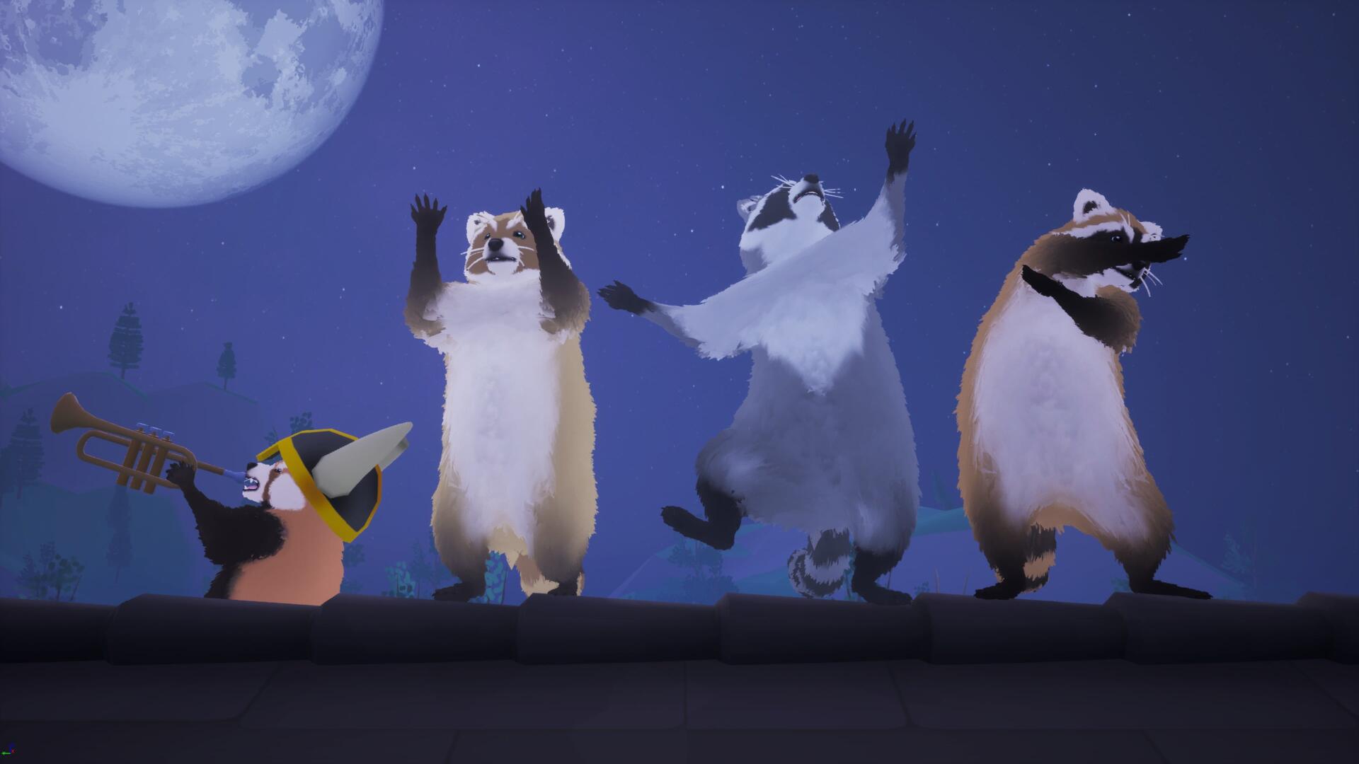 4K Ultra HD PC desktop wallpaper from the video game Dumpster Gang: penguin characters dancing on a rooftop beneath a full moon against a deep blue night sky.
