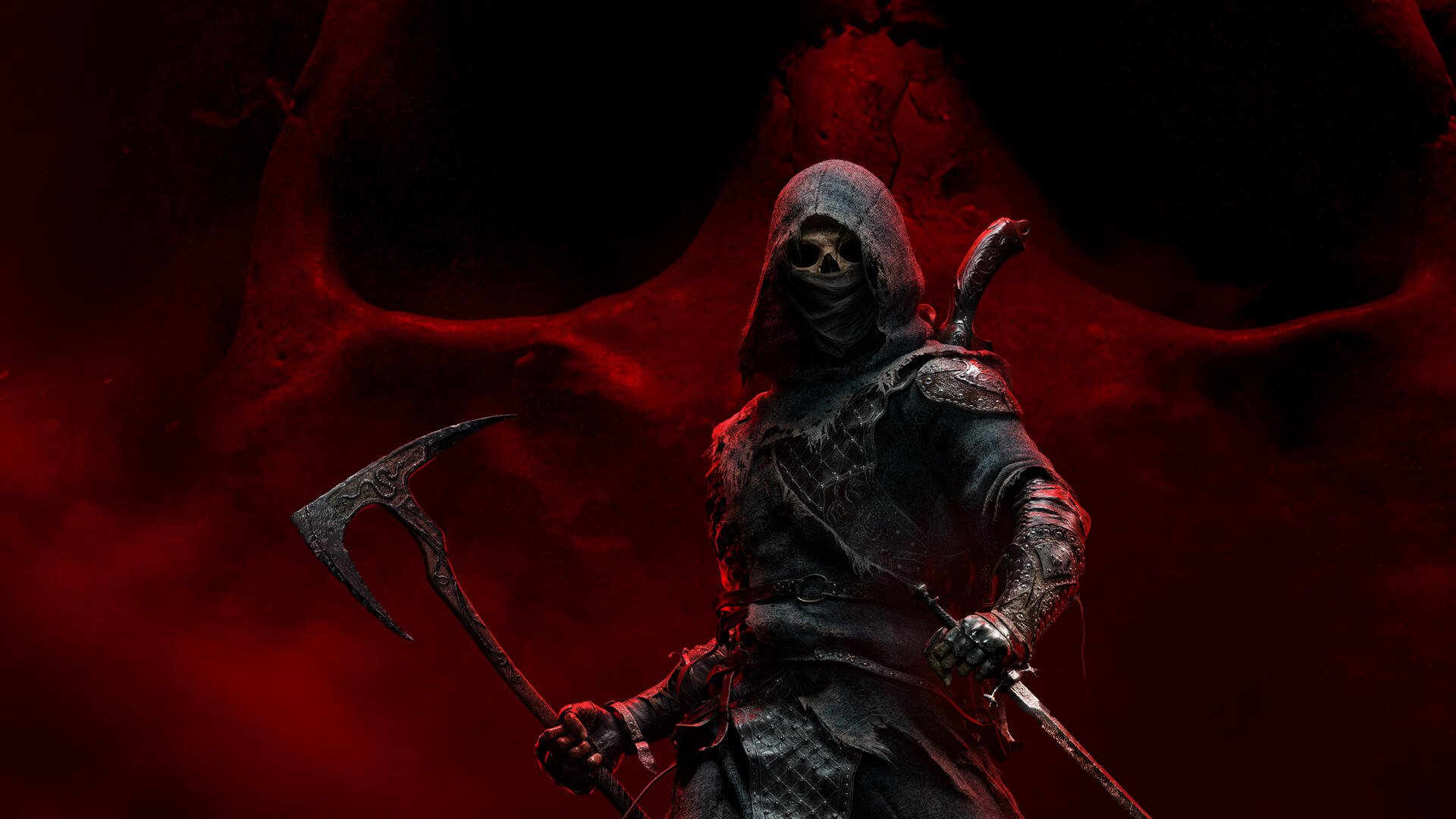 Mortal Shell II video game 4K Ultra HD PC desktop wallpaper and background: hooded skeletal warrior in dark armor wielding a poleaxe and sword against a blood-red smoky backdrop.