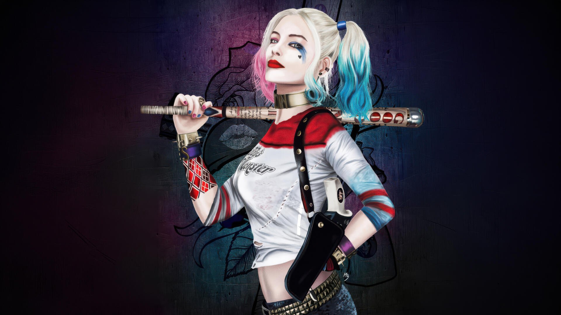 Harley Quinn digital art 5K Ultra HD PC desktop wallpaper — pigtail Harley with red and blue makeup, holding a bat over her shoulder against a dark, textured backdrop.