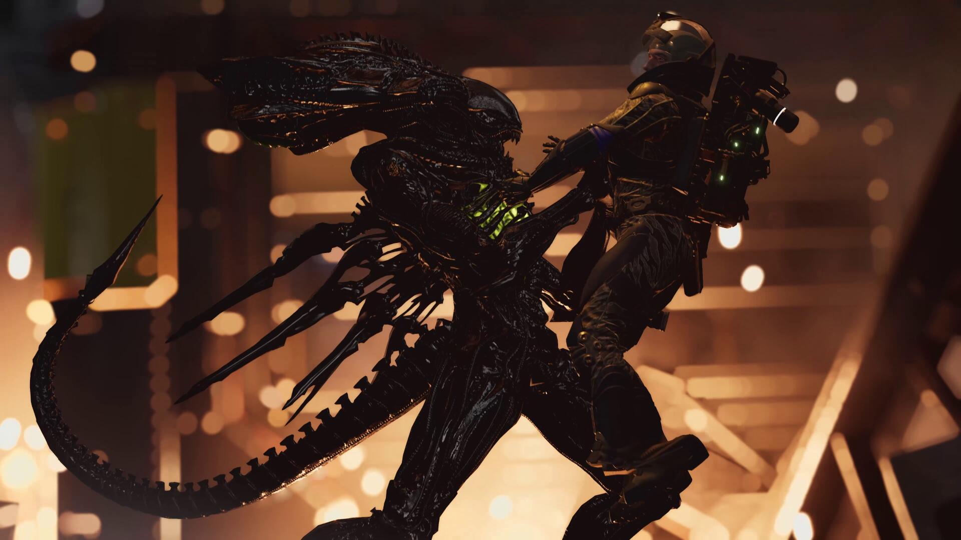 Video game 4K Ultra HD PC wallpaper — Aliens: Fireteam Elite 2: a spiky alien monster lunges at an armored marine amid a dim, glowing industrial corridor.
