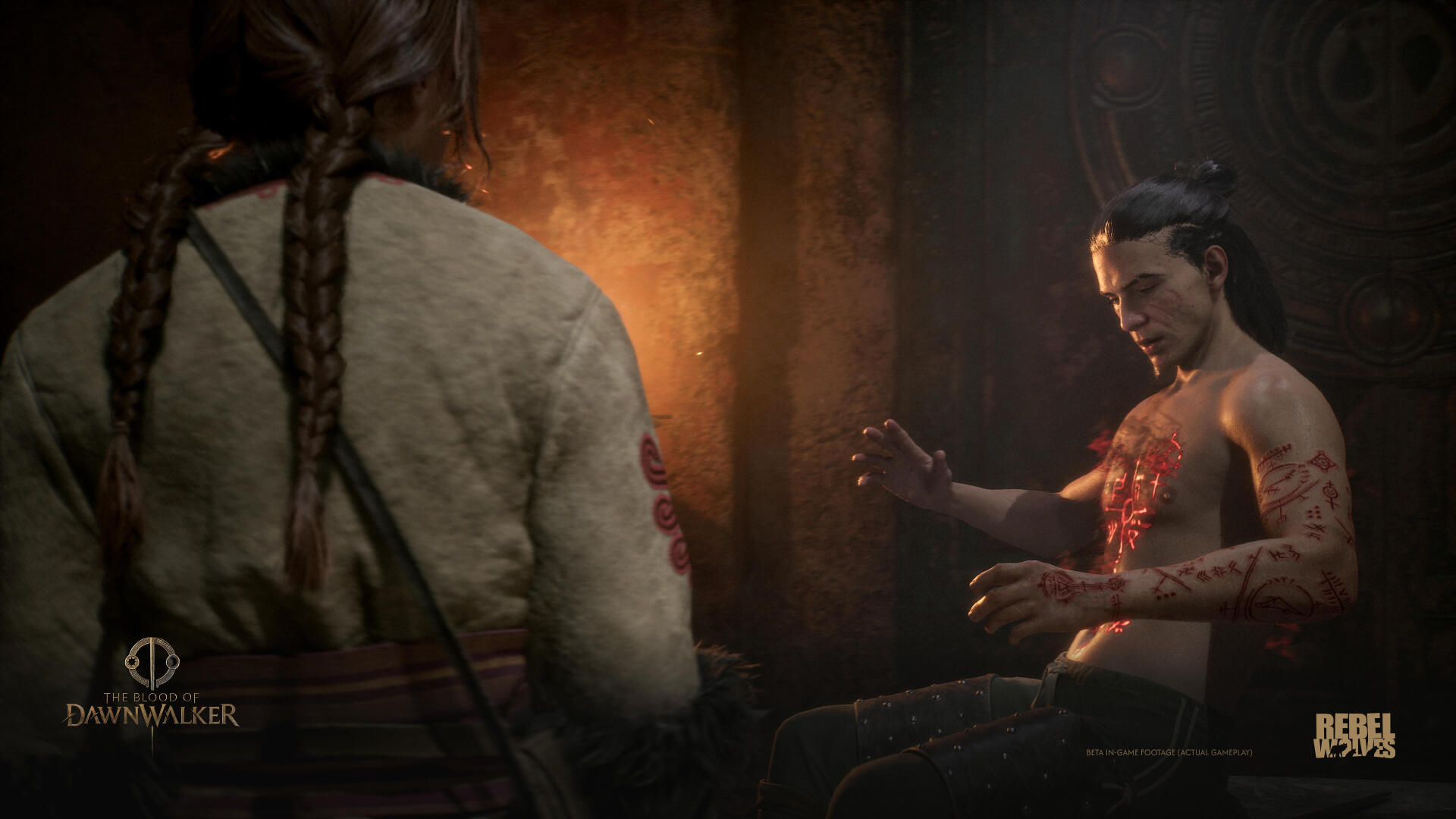 4K Ultra HD PC desktop wallpaper from the horror video game The Blood of Dawnwalker: a bloodied man recoils while another figure watches in a dim, torchlit room.