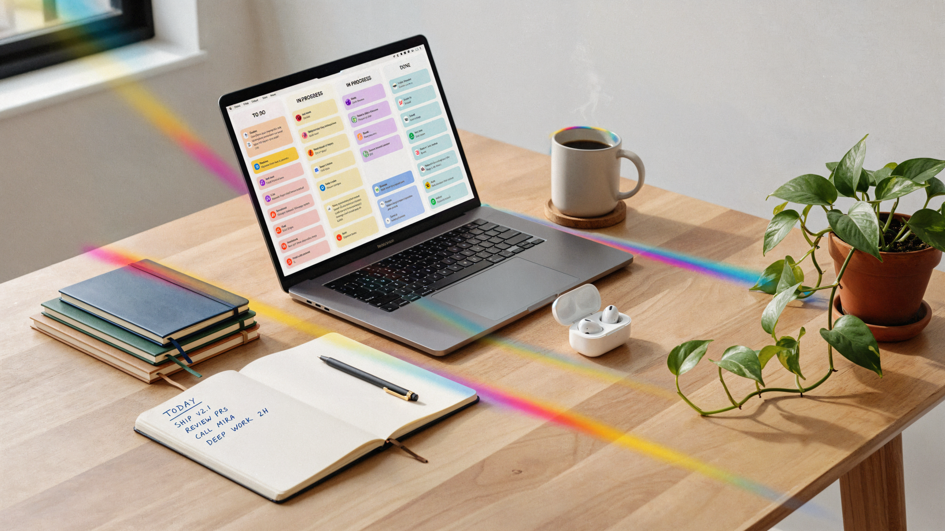 4K Ultra HD PC desktop wallpaper: productivity workspace with laptop displaying a colorful planner, notebook with pen, stacked journals, coffee mug and potted plant on a wooden desk.