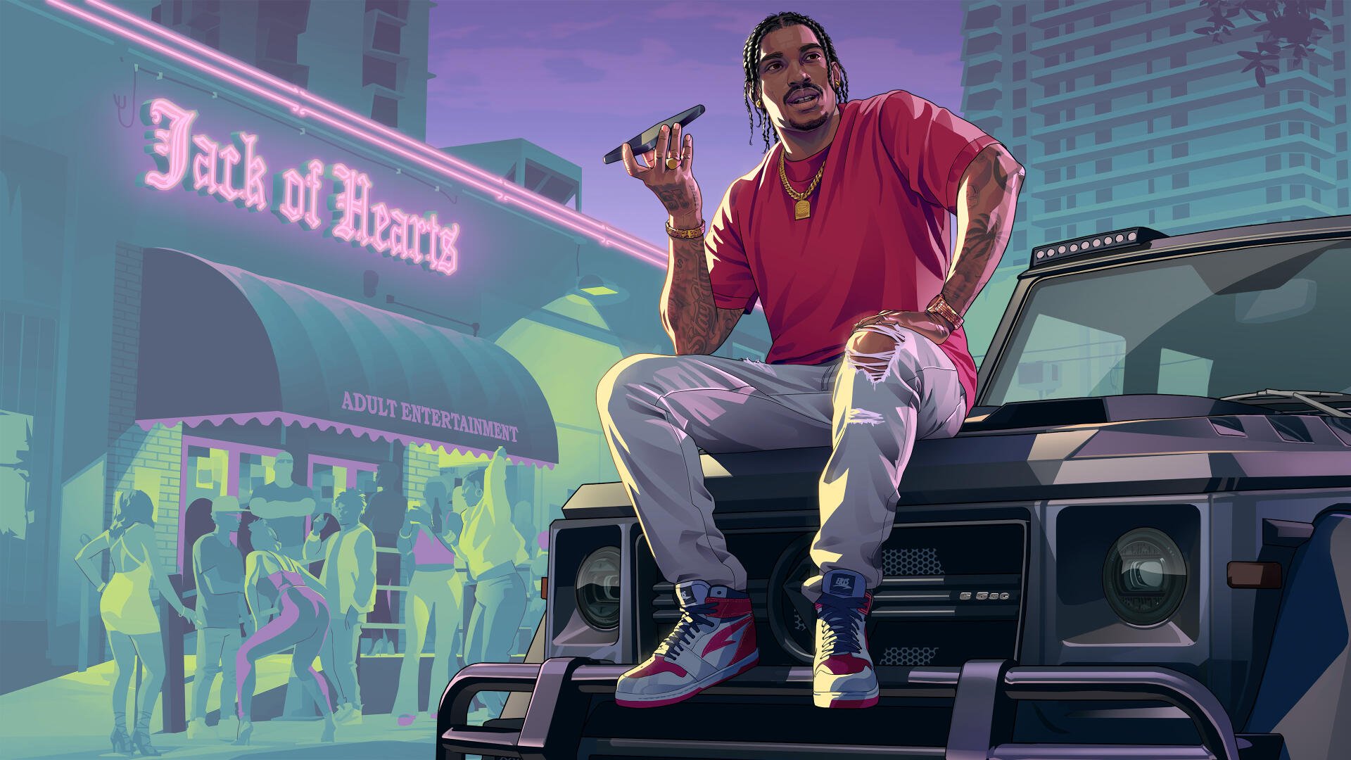Grand Theft Auto VI 4K Ultra HD PC desktop wallpaper: a stylized man sits on a black SUV hood holding a pistol, neon-lit city and club crowd behind — Grand Theft Auto video game art.