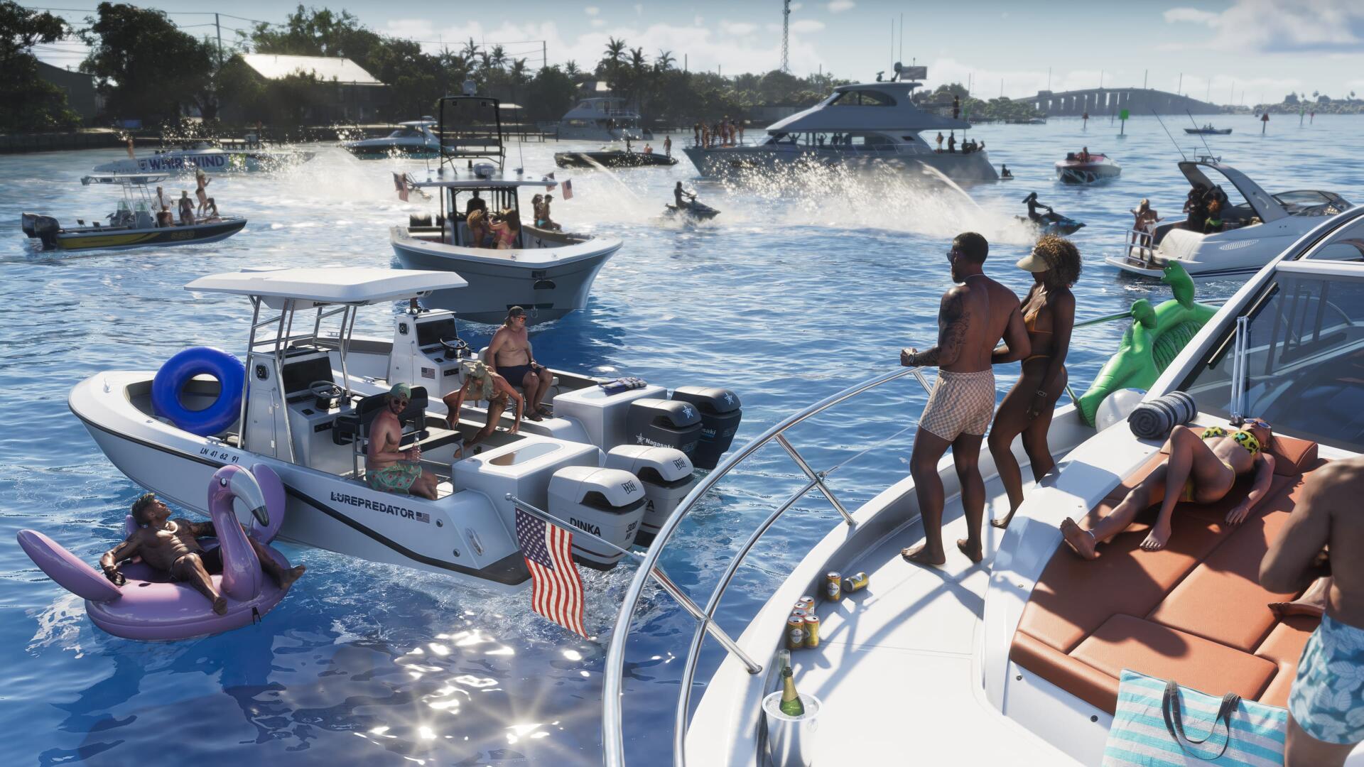 Grand Theft Auto VI (Grand Theft Auto) video game 4K Ultra HD PC desktop wallpaper: sunlit yacht party with boats, jet skis and a crowded harbor.
