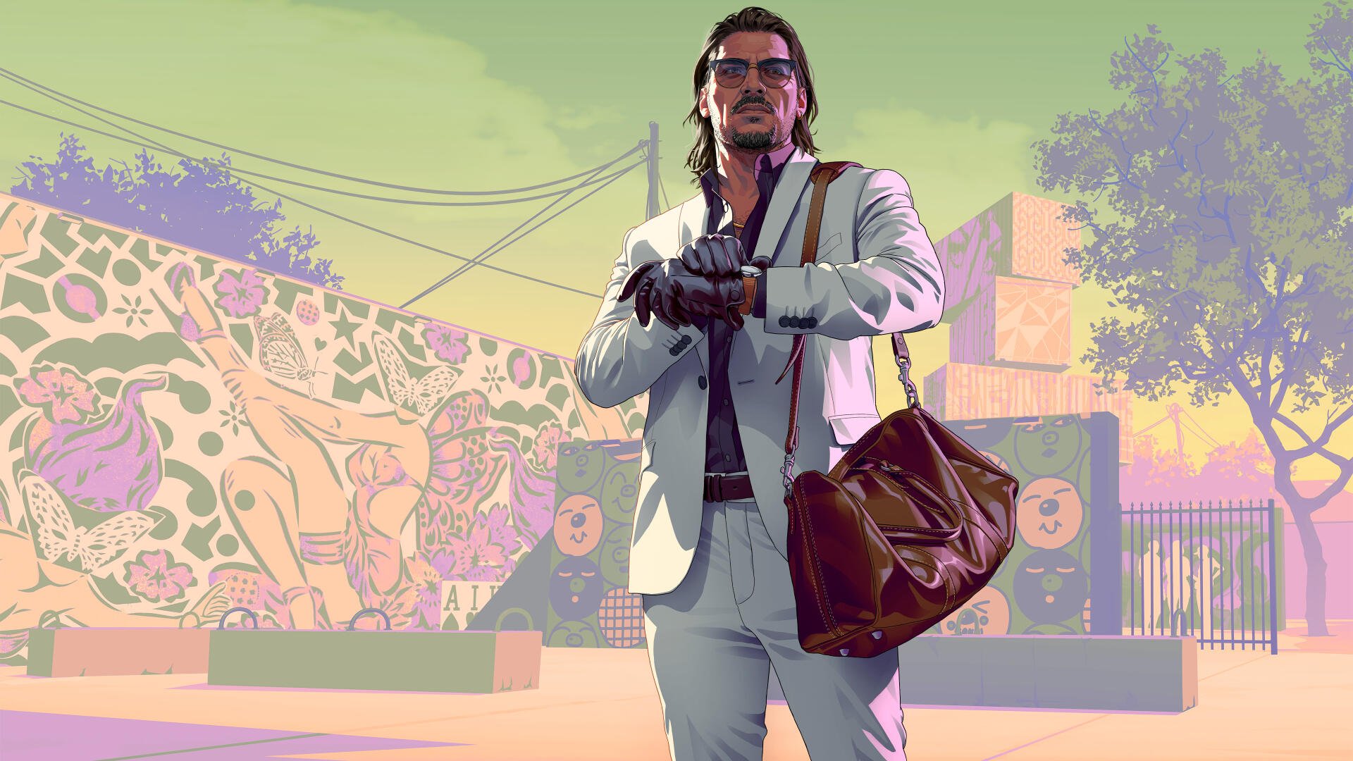 4K Ultra HD PC desktop wallpaper from Grand Theft Auto VI video game: businessman in a white suit with duffel bag stands before a colorful urban mural.
