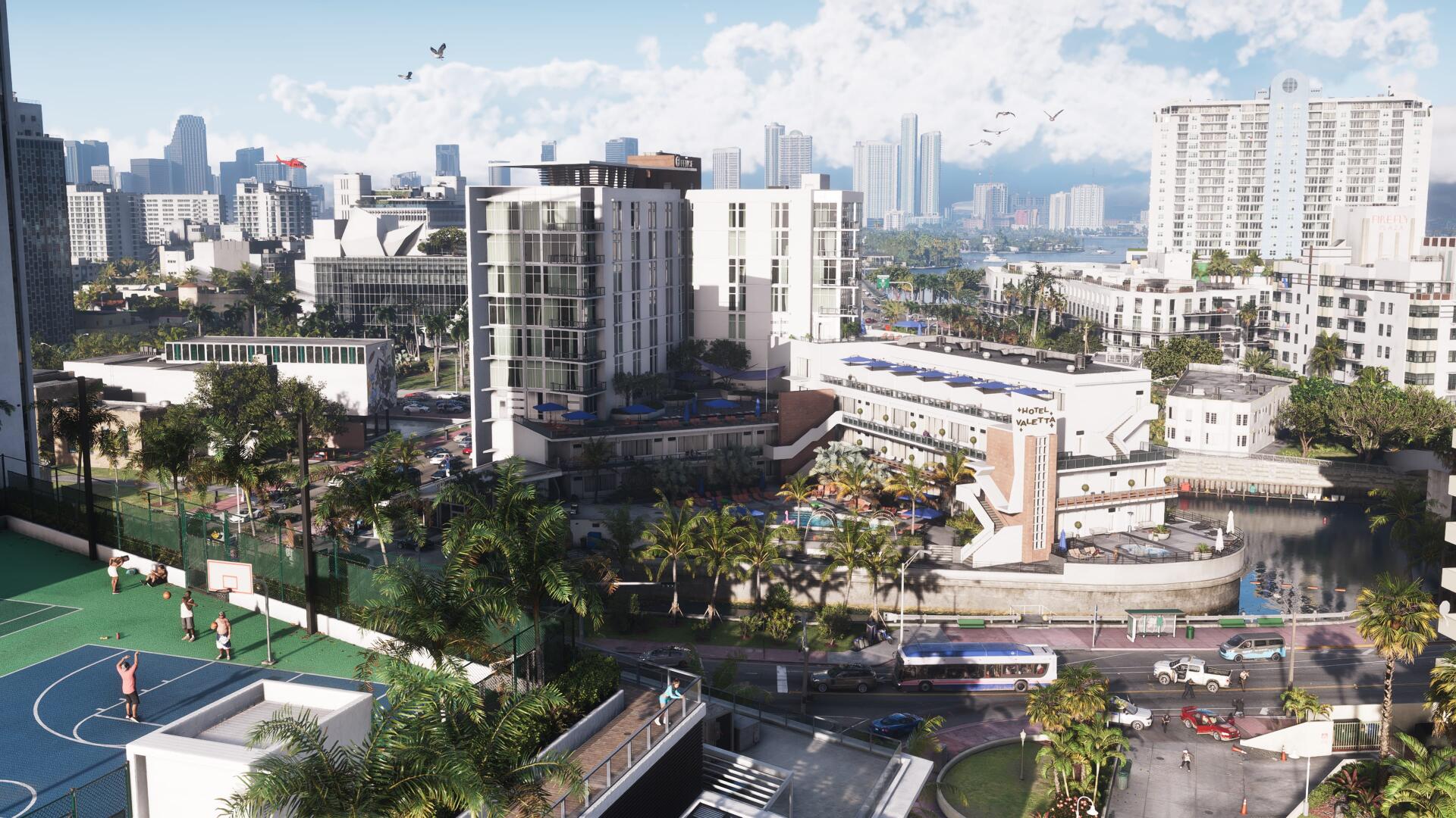 4K Ultra HD PC desktop wallpaper of Grand Theft Auto VI cityscape skyline: coastal metropolis with high-rises, palm trees, waterfront, bridges and busy streets.