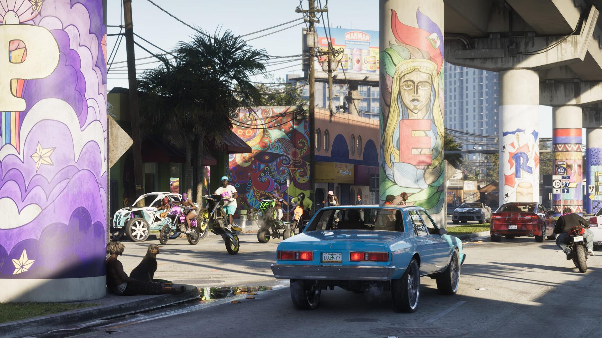 Grand Theft Auto VI (Grand Theft Auto) video game 4K Ultra HD PC wallpaper: blue car drives beneath colorful mural-covered overpass on a bustling urban street with bikers and pedestrians.