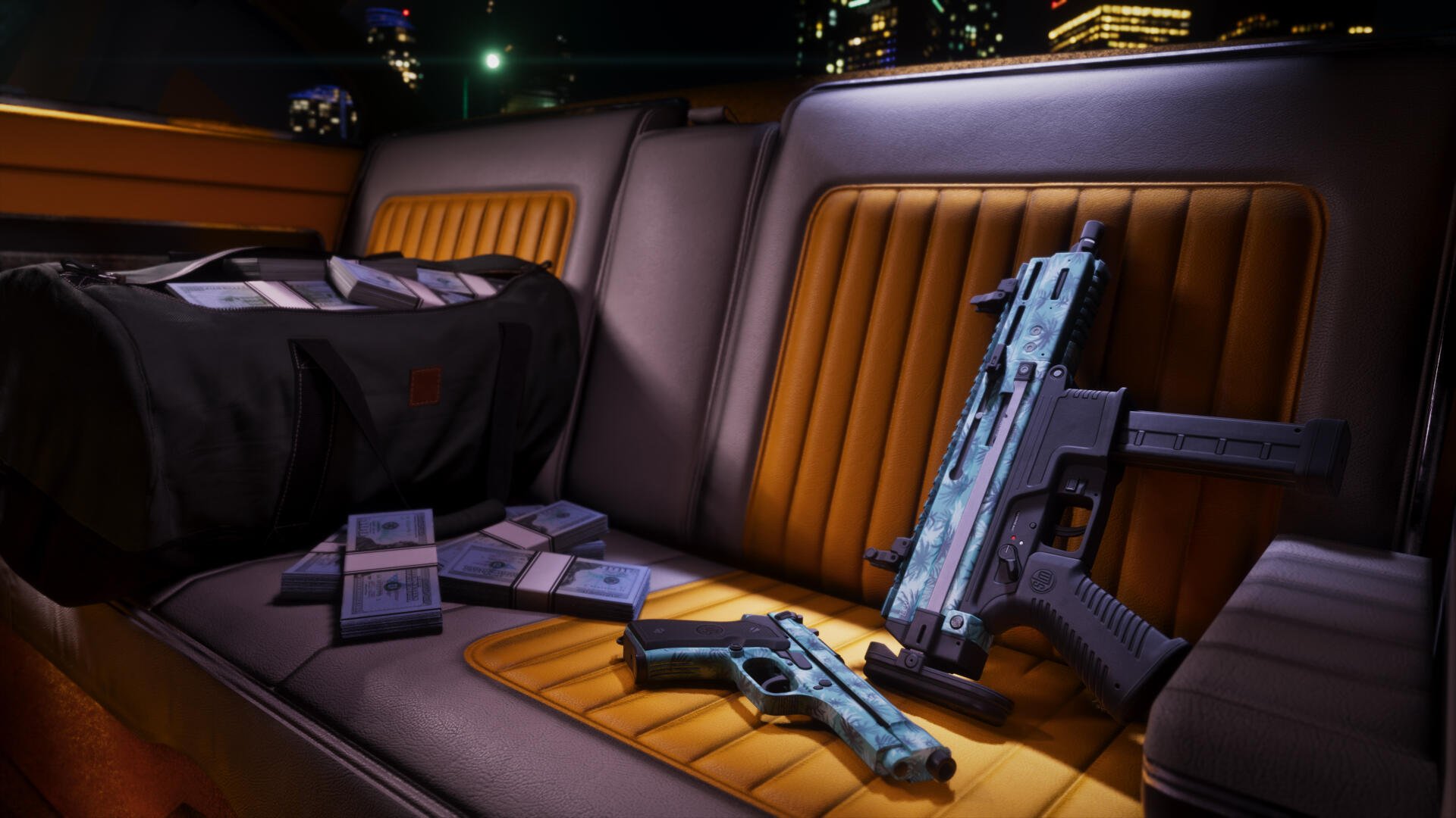 Grand Theft Auto VI 4K PC wallpaper: backseat of a car scattered with cash bundles and two guns, neon city lights through the windows — video game Grand Theft Auto scene