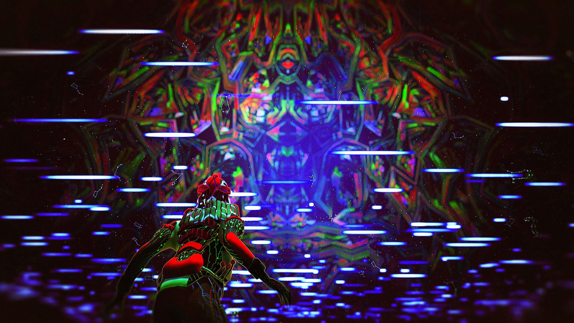 4K Ultra HD PC desktop wallpaper from the video game ETRE: neon, psychedelic abstract scene of a figure reaching toward a glowing kaleidoscopic face amid horizontal light streaks.