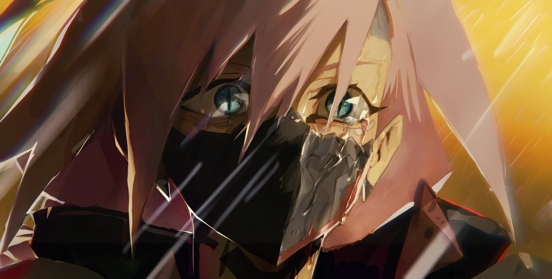 Edgerunners 2 cyberpunk anime 2K Quad HD desktop wallpaper: masked pink‑haired character with a cracked visor, teary eye and rain-slashed face against neon backlight.