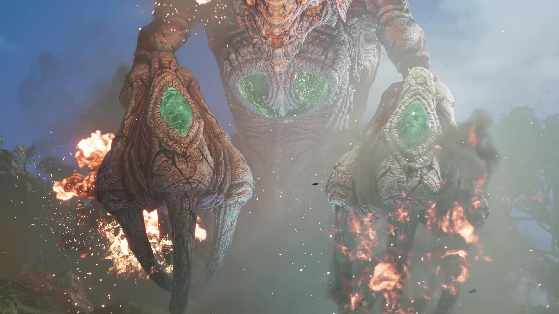 4K Ultra HD PC wallpaper from the video game Final Fantasy VII Revelation: colossal molten monster with twin green cores and flaming claws looming through smoke.