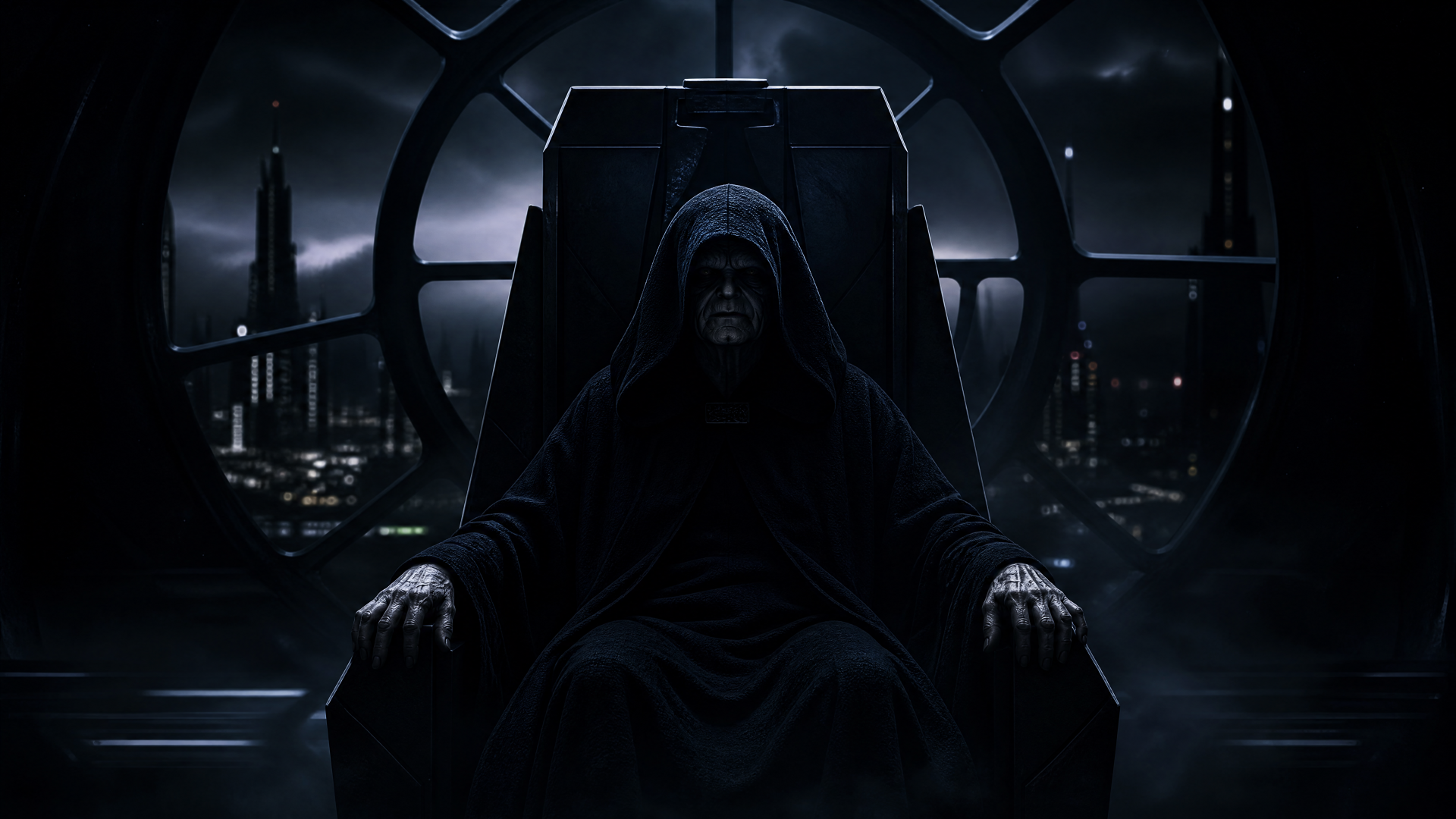 4K Ultra HD PC desktop wallpaper: Emperor Palpatine, hooded and shadowed, seated on a looming throne amid a dark, villainous cityscape.