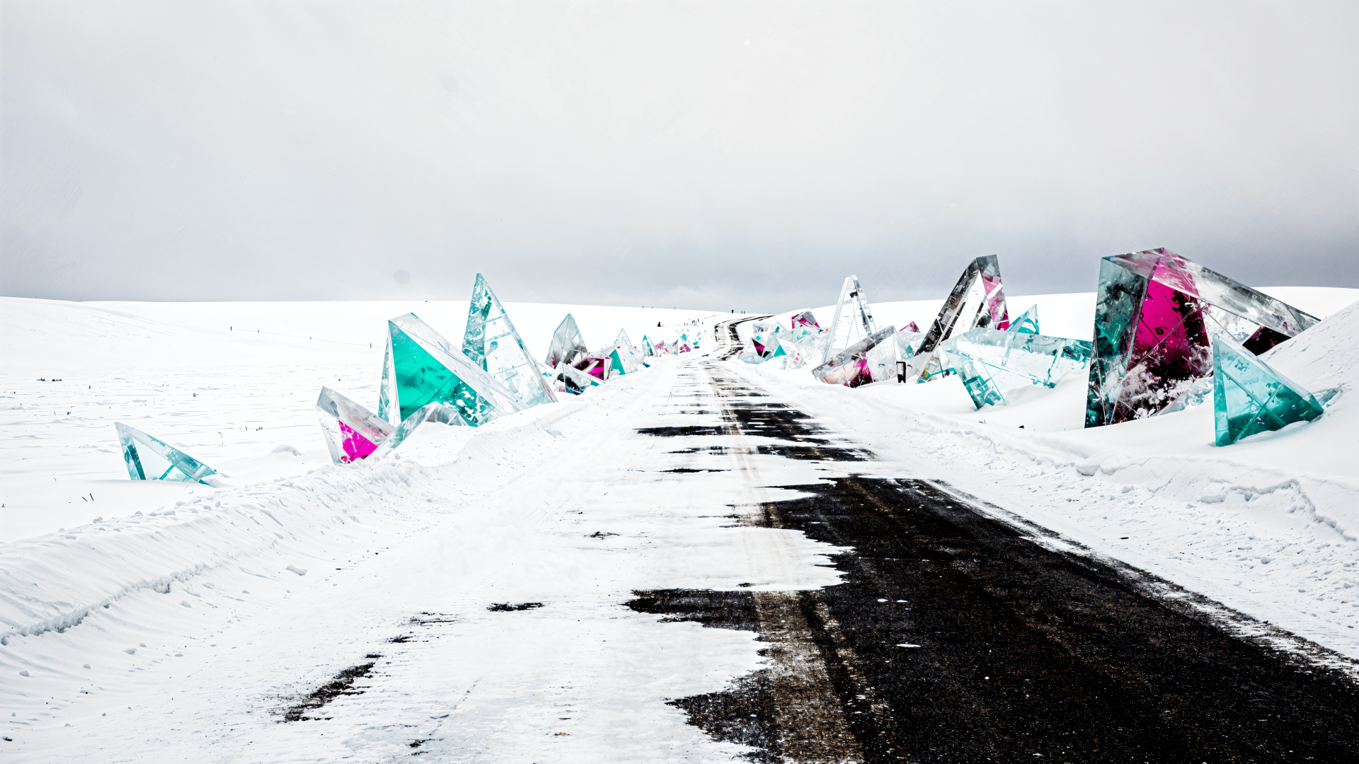 4K Ultra HD PC desktop wallpaper and background: snowy winter road and path through white fields, dark tire tracks leading past colorful crystalline shards jutting from the snow.