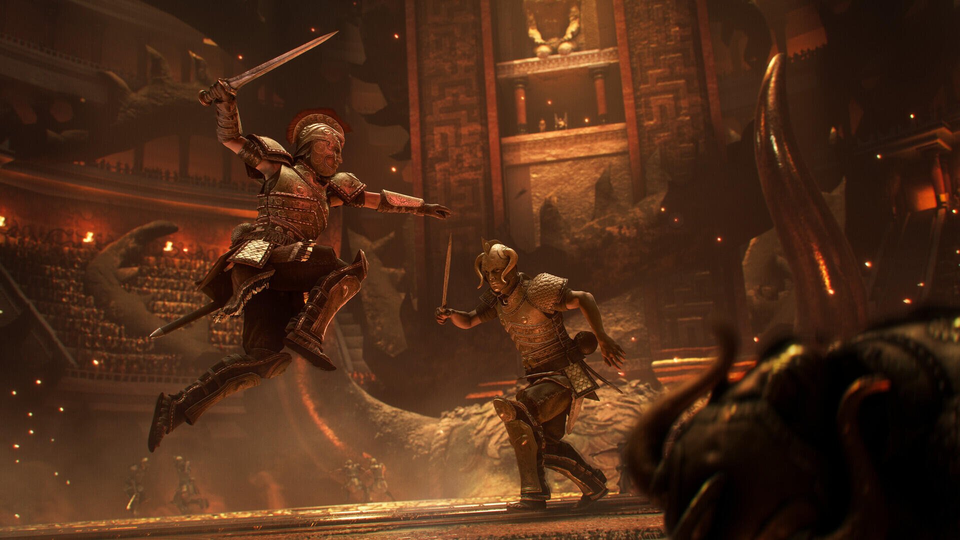 HD PC desktop wallpaper/background from the video game Resonance: A Plague Tale Legacy — two Spartan warriors clash in a fiery arena, one leaping with sword, the other bracing a shield.