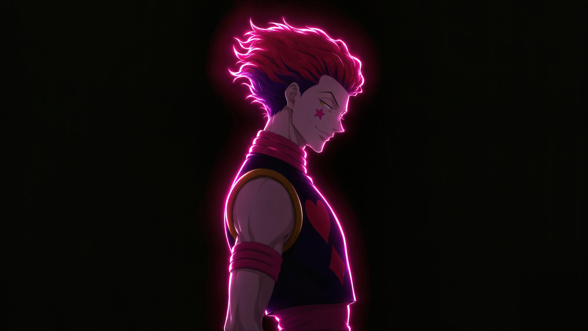 Hisoka (Hunter × Hunter) side profile with glowing neon-pink aura and red hair against a black backdrop — 5K Ultra HD PC desktop wallpaper.