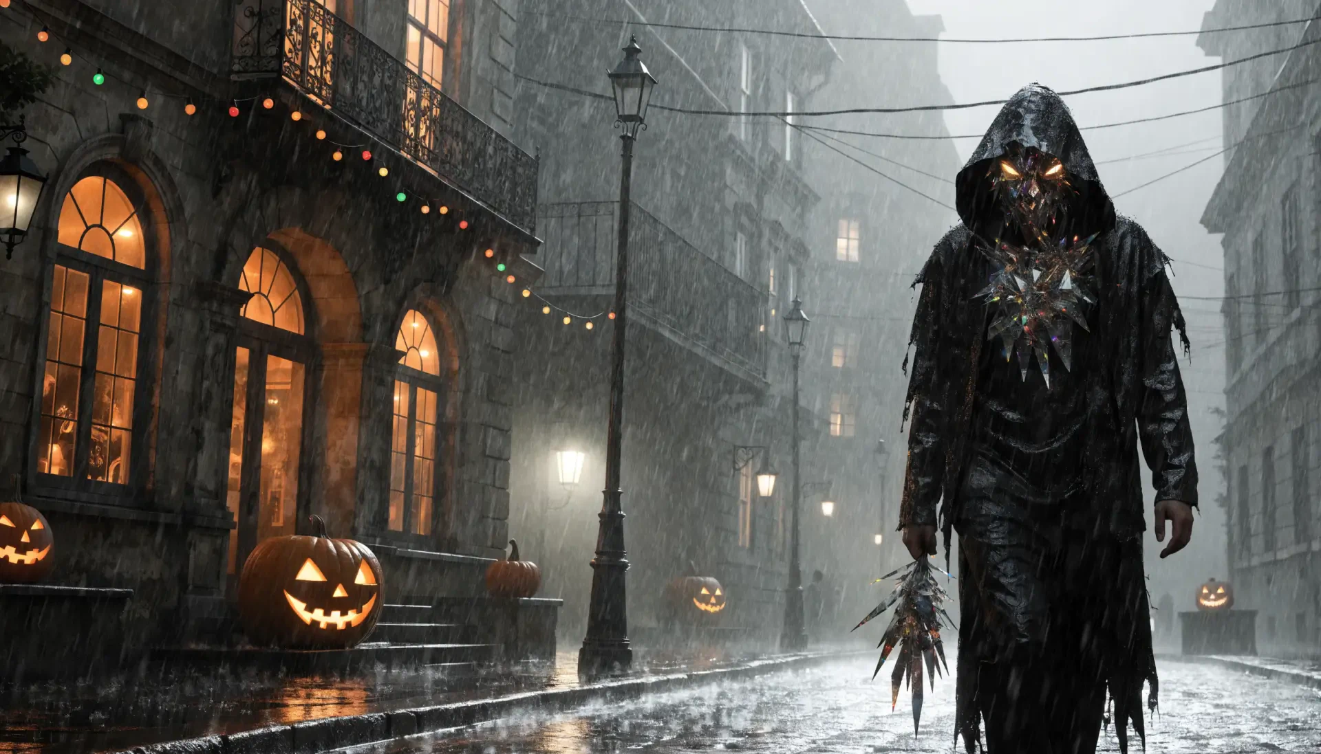 2K Quad HD PC desktop wallpaper background: scary Halloween reaper with glowing eyes and scythe‑like claws stalks a rain‑slick city street past jack‑o'‑lanterns in moody horror style.
