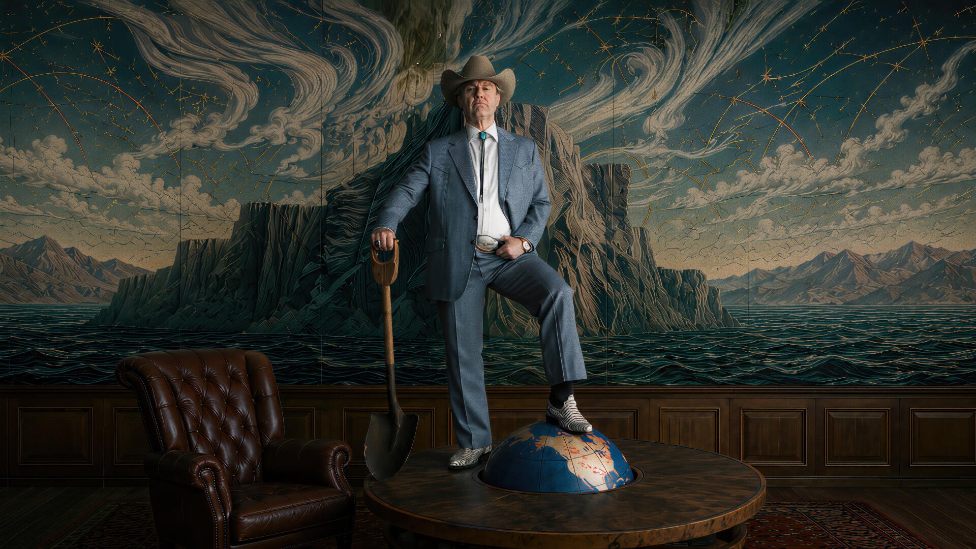 Digger — suited man in a cowboy hat holding a shovel, standing on a globe before a dramatic painted landscape; 4K Ultra HD PC Desktop Wallpaper and Background.