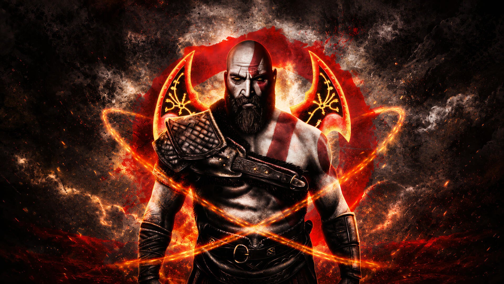 Kratos (God of War) digital art 4K Ultra HD PC desktop wallpaper: bearded, tattooed warrior with glowing crimson axe amid a fiery, smoky background.