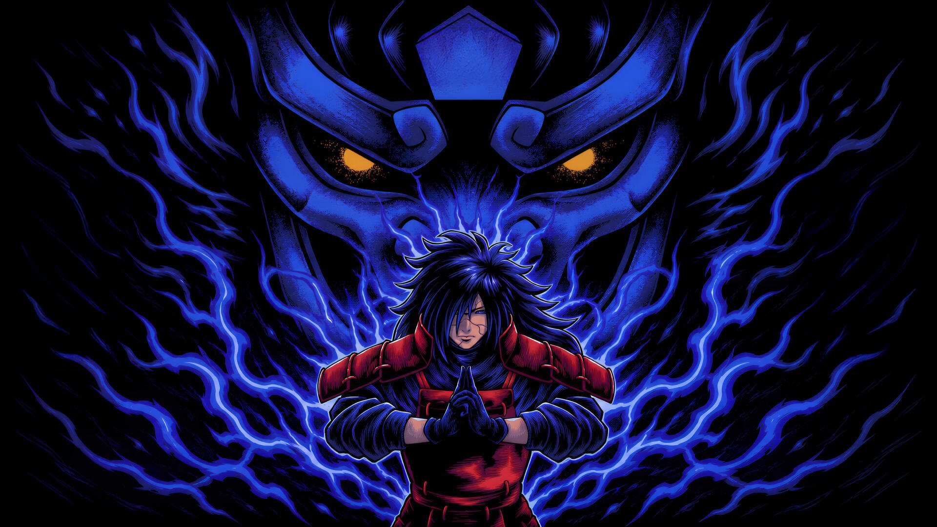 Madara Uchiha from Naruto, hands clasped in red armor as blue chakra swirls into a demonic mask silhouette behind him — vibrant 4K Ultra HD PC desktop wallpaper.