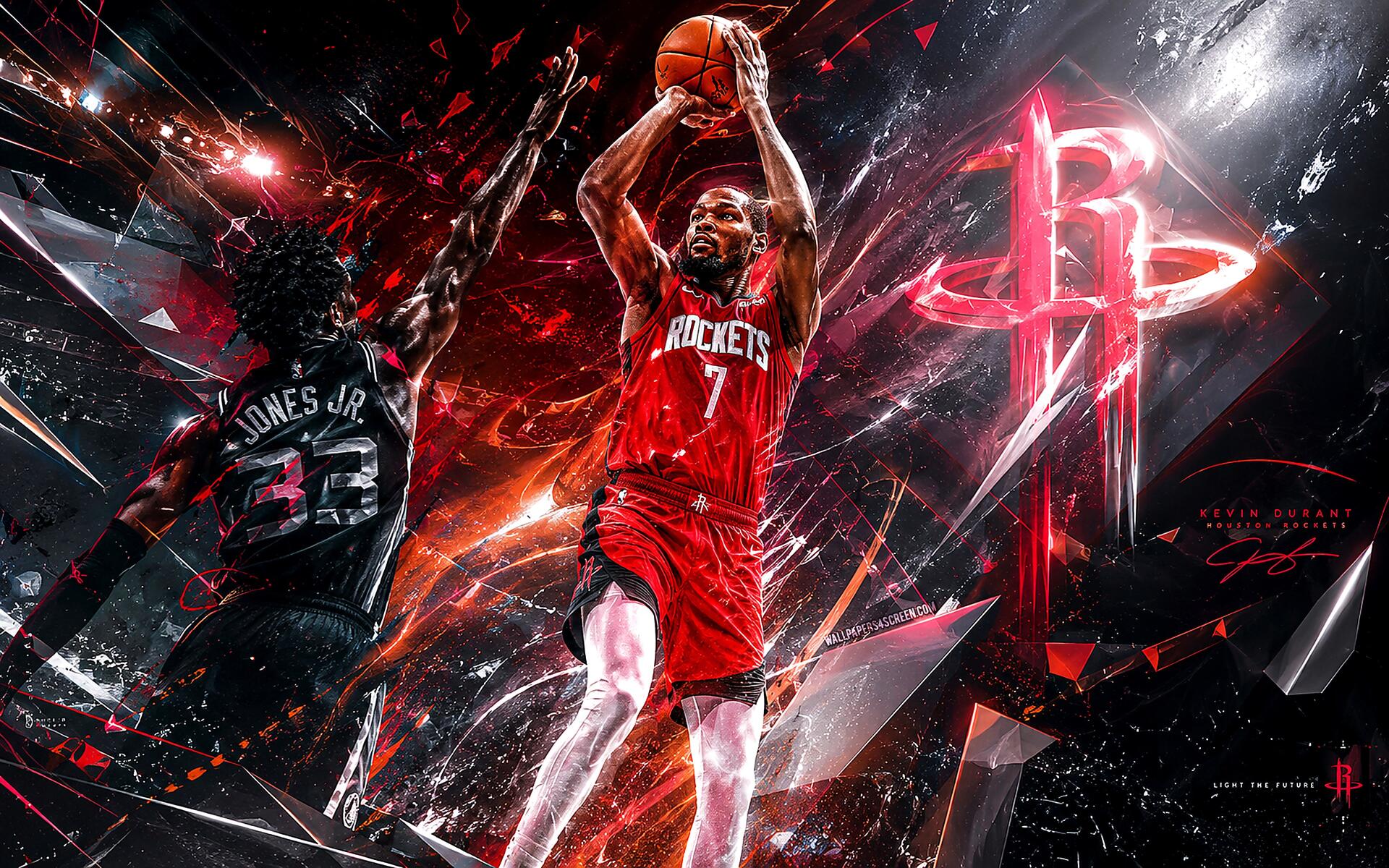 4K Ultra HD PC desktop wallpaper of a basketball player in a Houston Rockets jersey soaring for a dunk amid red neon shards and a glowing Rockets logo — NBA action.