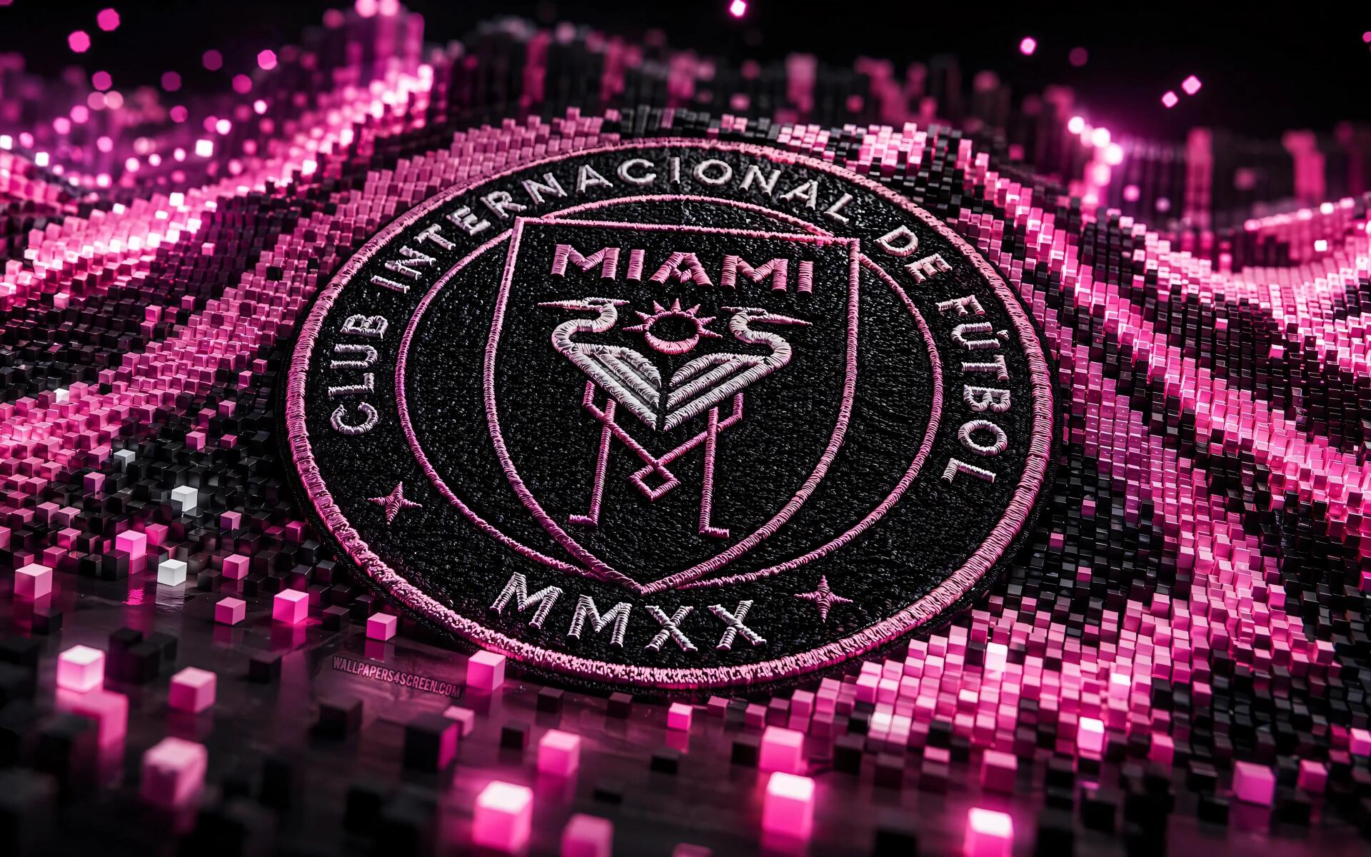 Inter Miami CF crest in neon pink‑black pixelated mosaic with glowing waves, MLS soccer emblem on a 4K Ultra HD PC desktop wallpaper background.