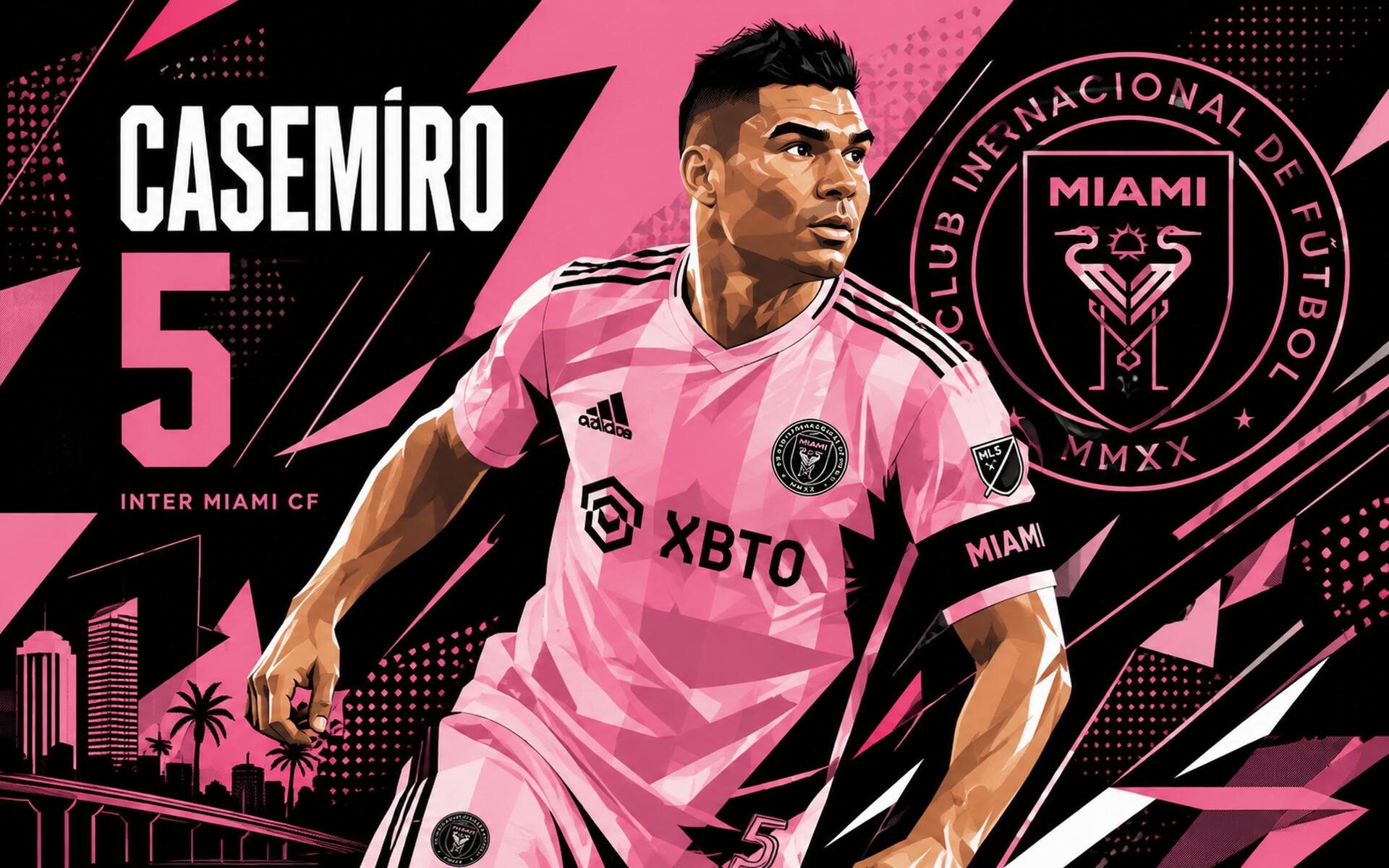 4K Ultra HD PC desktop wallpaper/background of Inter Miami CF MLS soccer art: a pink‑kit midfielder wearing No. 5, club crest, Miami skyline and bold dynamic graphic design.