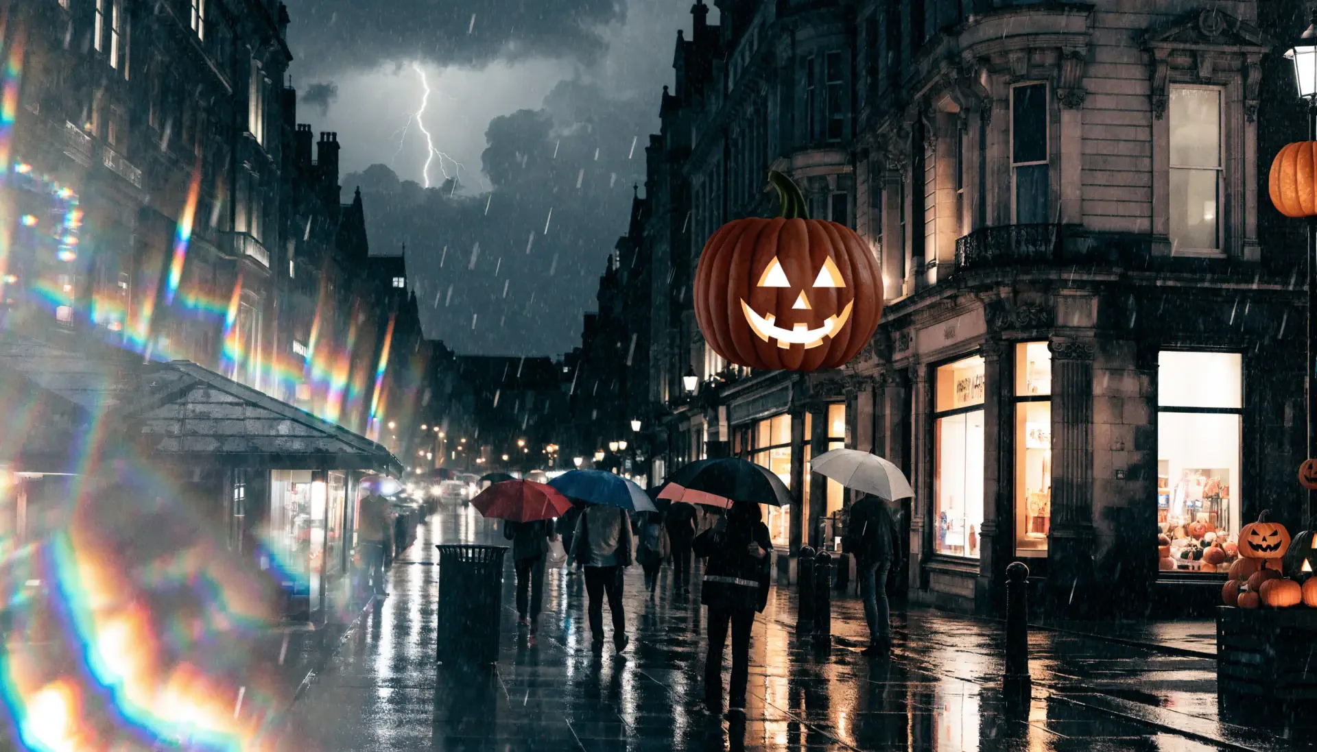 2K Quad HD PC desktop wallpaper: rainy nighttime city street with umbrellas, a glowing jack-o'-lantern pumpkin hovering above storefronts and a lightning-lit sky for Halloween.