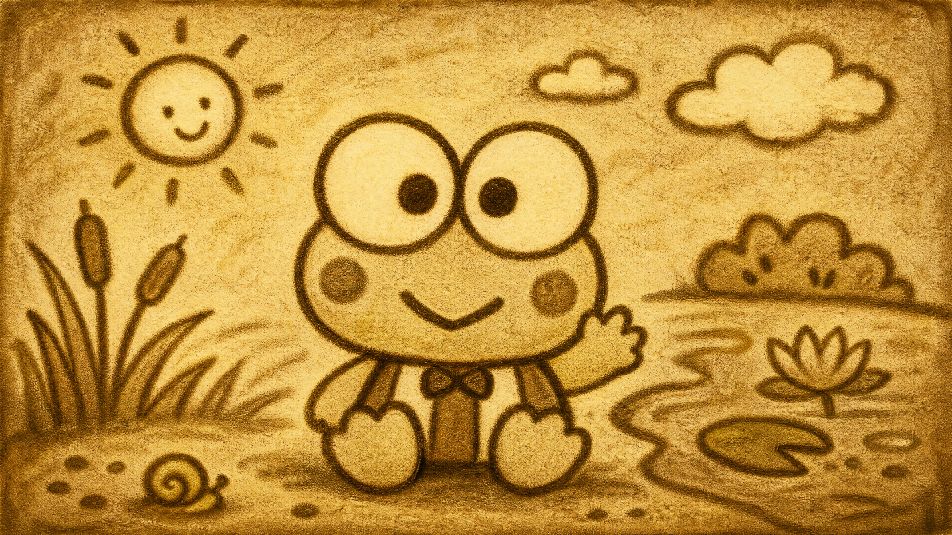 Keroppi frog cartoon in sepia sand-art style by a pond with sun, clouds and cattails — 4K Ultra HD PC desktop wallpaper background.